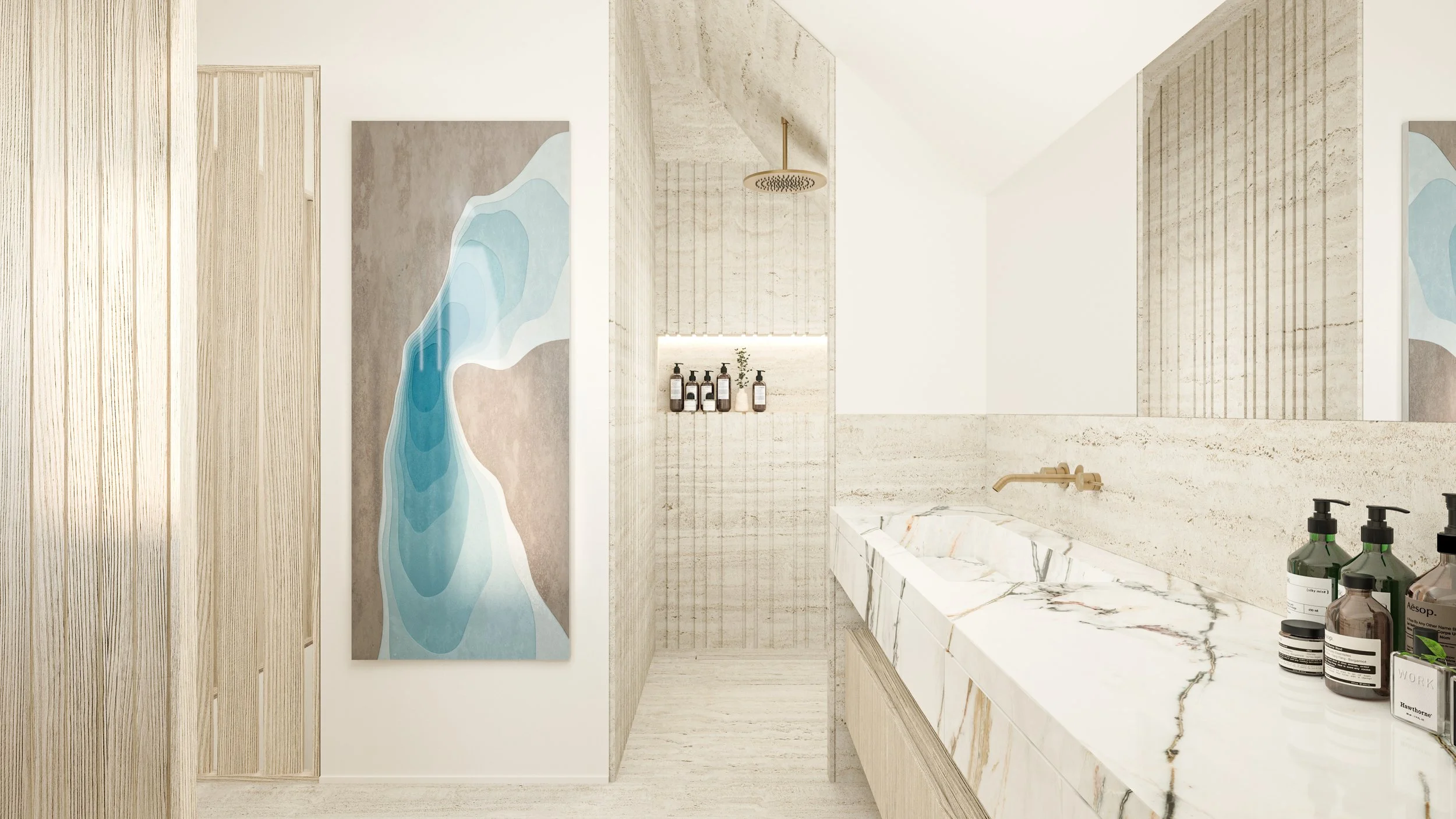 Vue d'une salle de bain moderne avec un mur de douche, un lavabo en marbre, et des accessoires de toilette, décor minimaliste avec des œuvres d'art abstraites sur les murs.