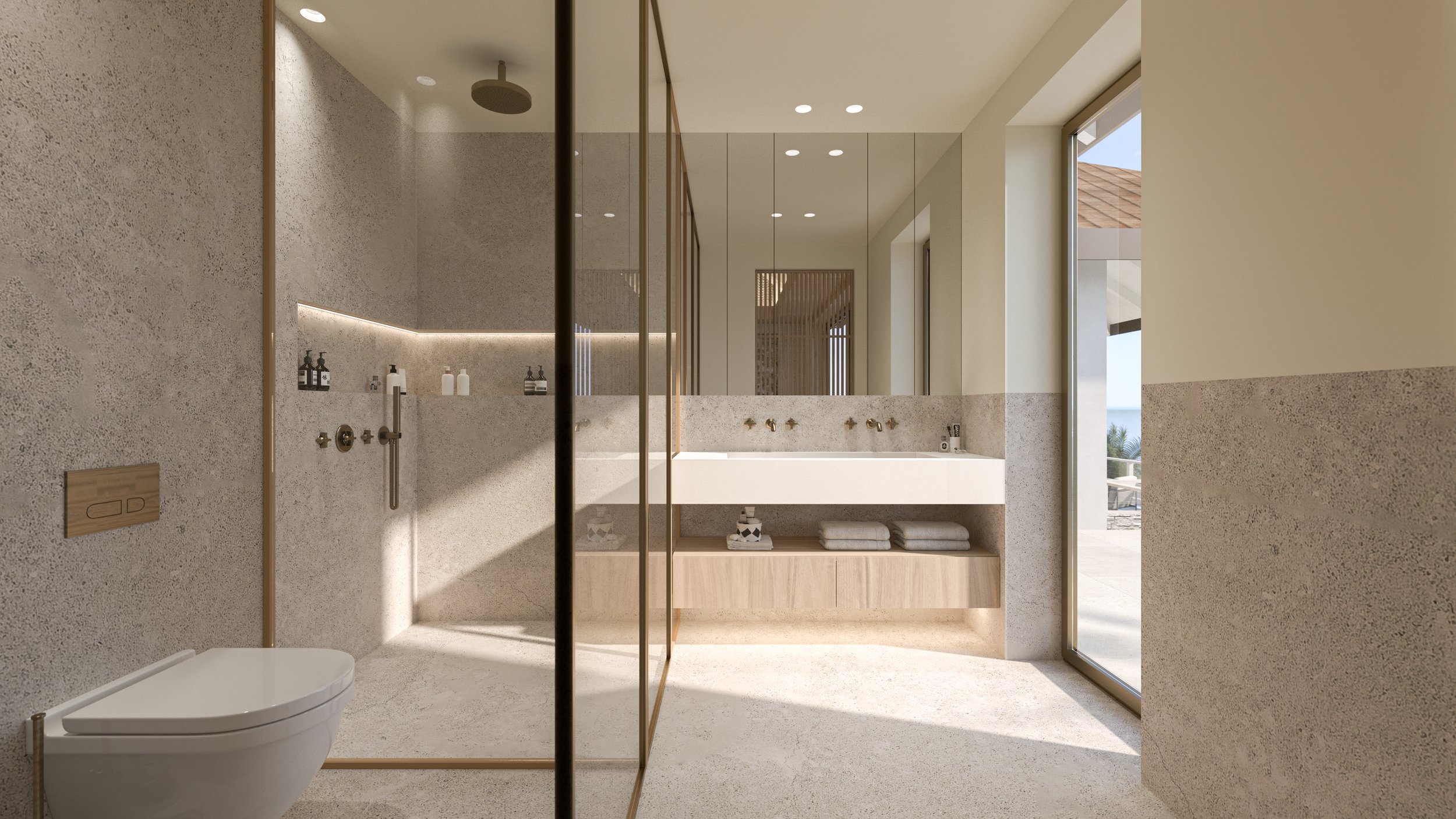 Salle de bain moderne avec douche, baignoire, grands miroirs et vue sur l'extérieur