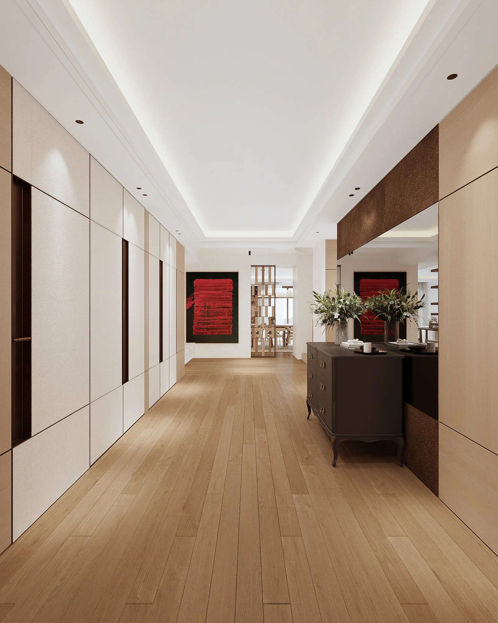 Intérieur moderne avec parquet en bois clair, murs beige et éléments décoratifs artistiques, plantes en vases et mobilier noir.