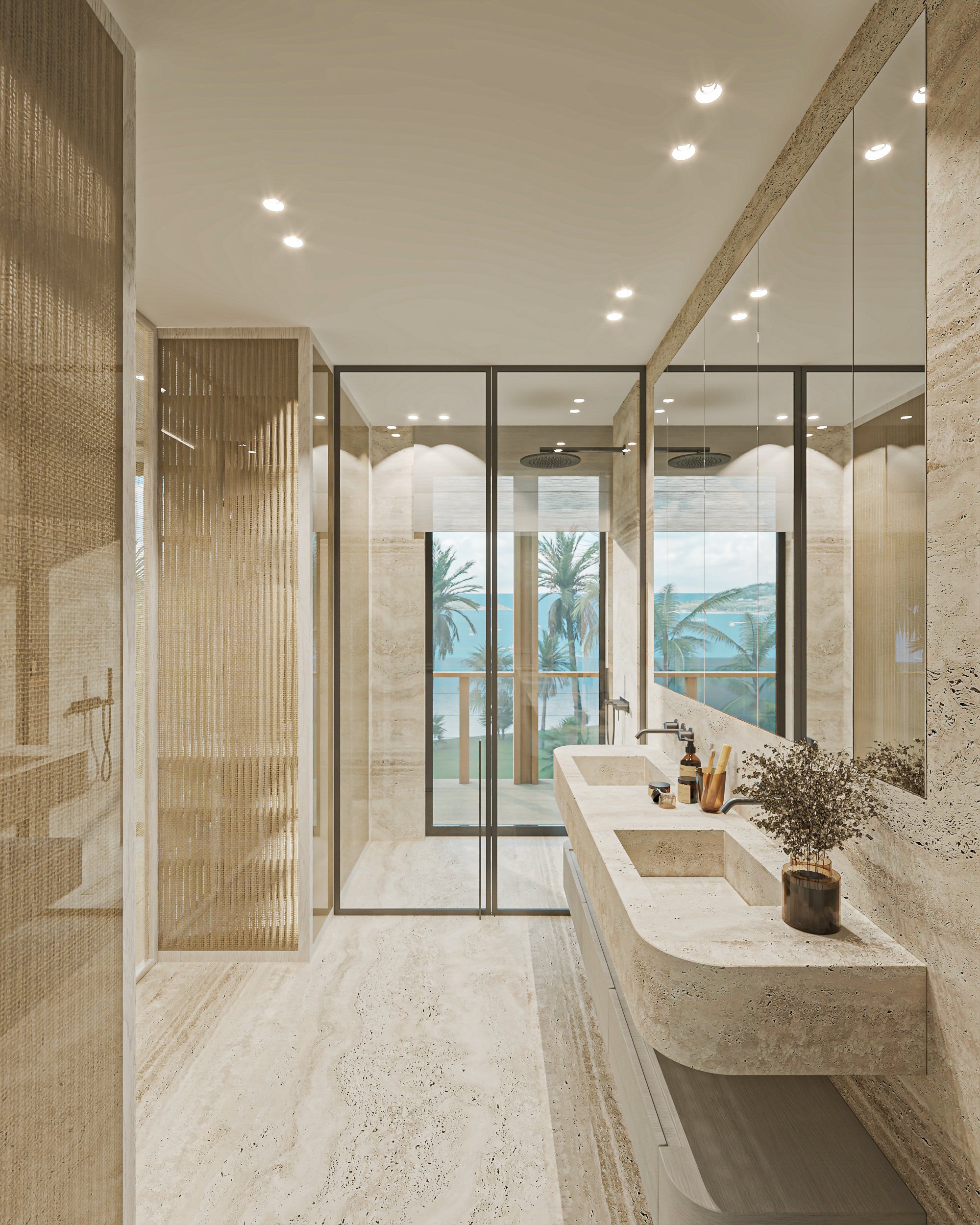 Salle de bains moderne avec double lavabo en pierre, grand miroir, plantes décoratives, vue sur la mer et palmiers à travers de grandes fenêtres.