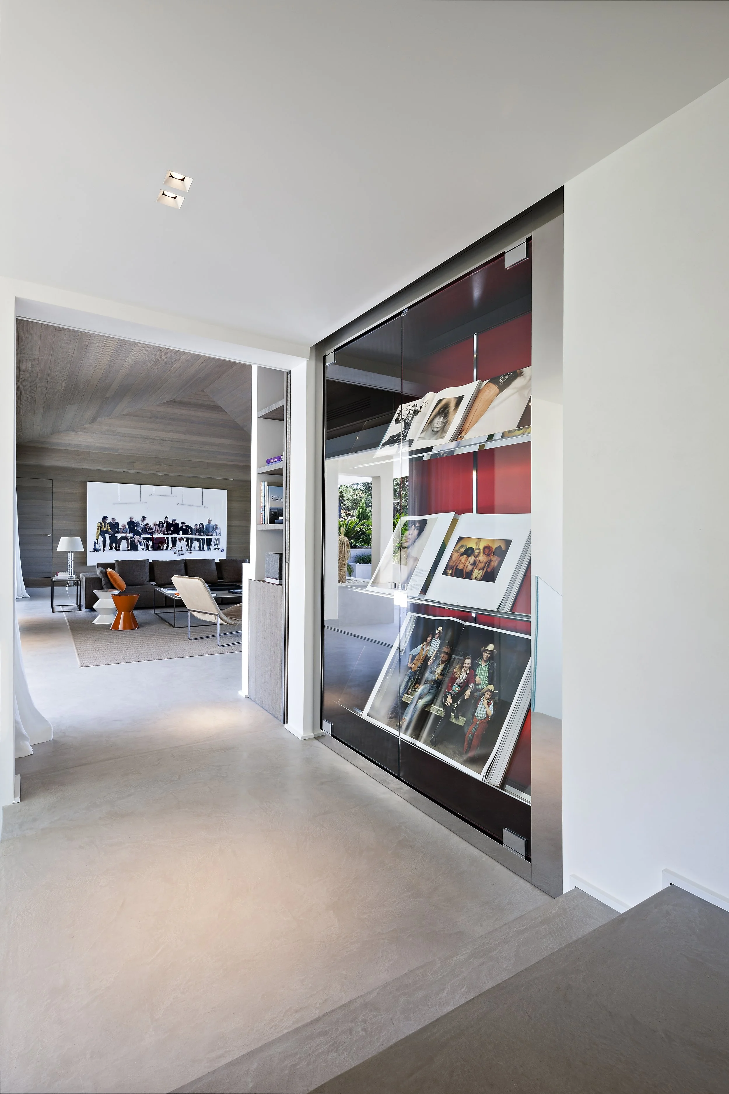 Intérieur moderne d'une maison avec un mur en bois dans le salon et une bibliothèque, vue à travers une porte vitrée avec de livres et photos exposés.
