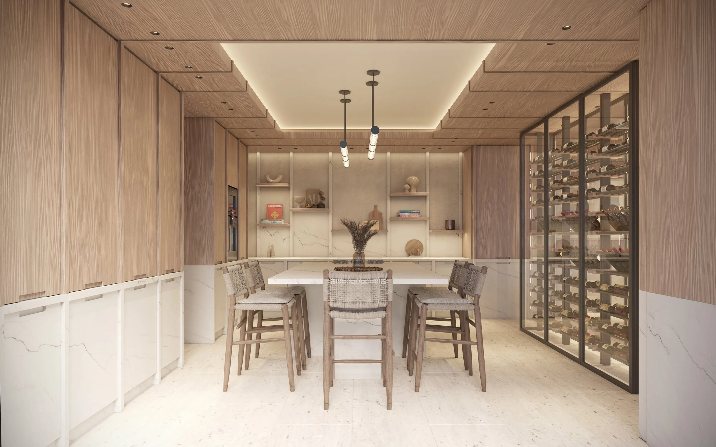 Une salle à manger moderne avec un mur en bois, une grande table blanche, six chaises en bois avec des sièges en tissu, un mur avec des étagères décoratives, et une cave à vin en verre contenant des bouteilles.