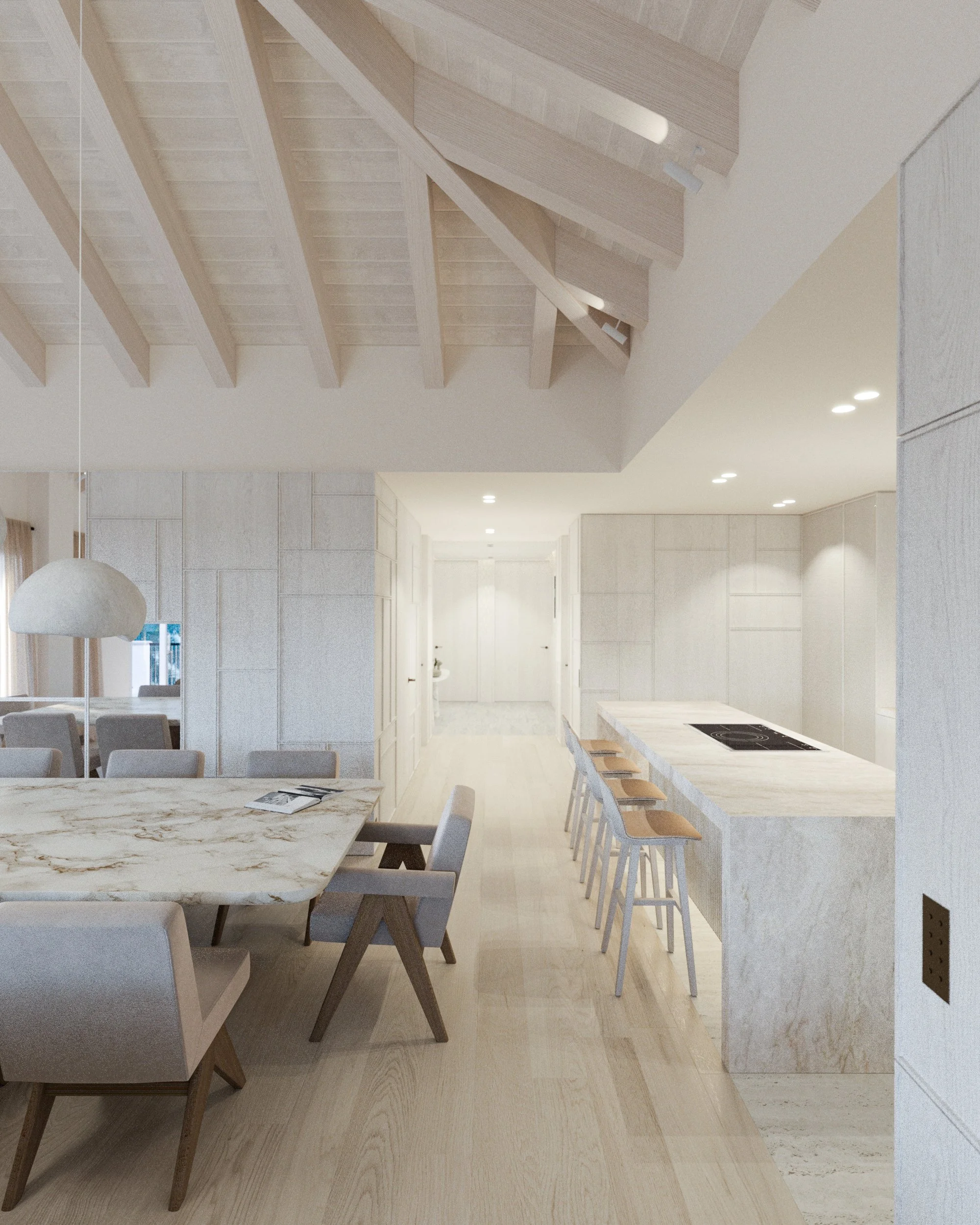 Intérieur d'une cuisine moderne avec îlot central en marbre, chaises en bois, plafond en bois avec poutres apparentes, éclairage encastré, murs en blanc clair, espace lumineux et minimaliste.