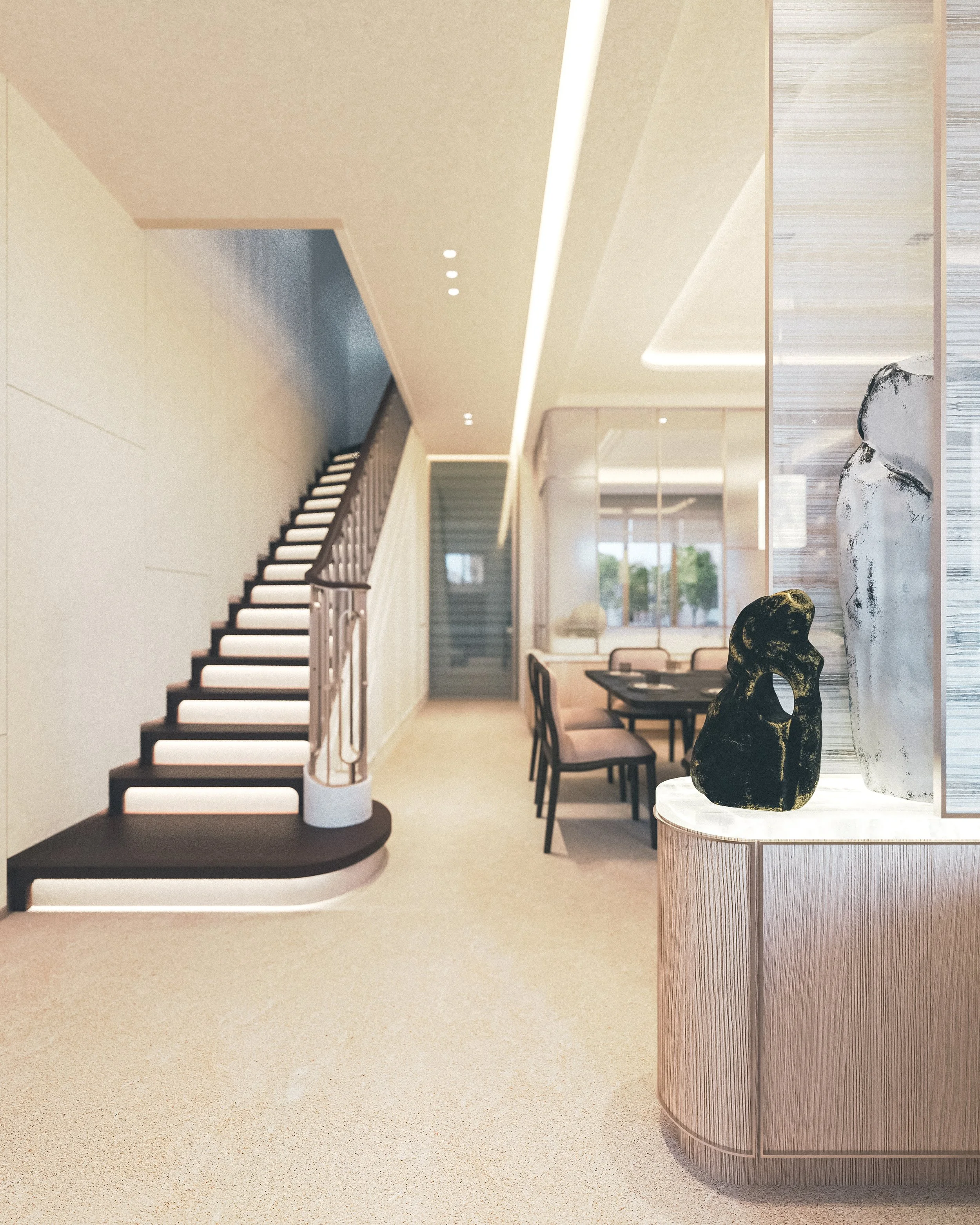 Vue intérieure d'un salon moderne avec escalier en colimaçon, décoration art déco, sculptures en pierre noire et blanche sur un meuble en bois clair, murs beige et sol clair, grandes fenêtres laissant entrer la lumière naturelle.