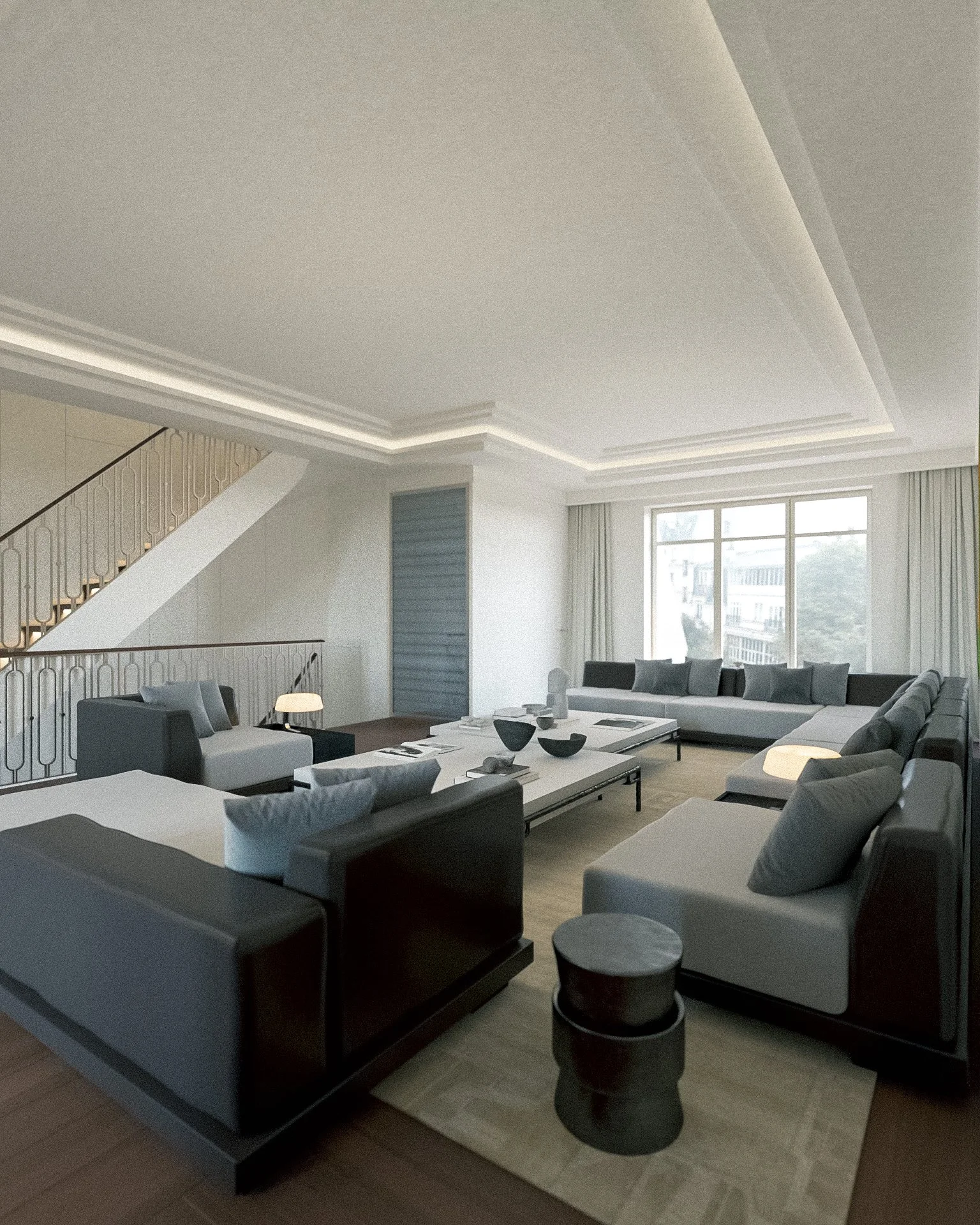 Salon moderne avec grand canapé, fauteuils, table basse, grand fenêtre, rideaux légers, décor minimaliste, ambiance lumineuse.