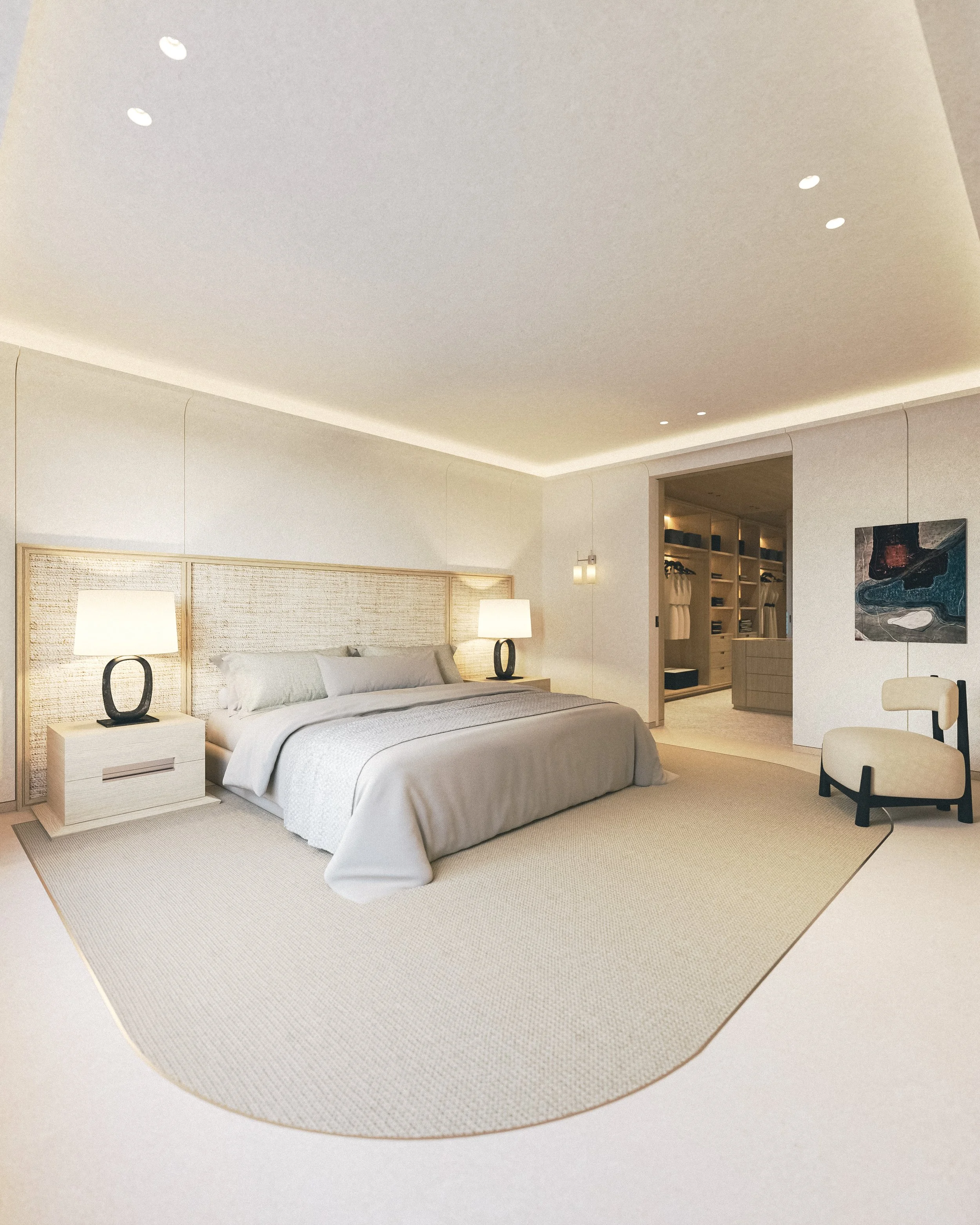 Chambre à coucher moderne avec lit king-size, tables de nuit, lampes, une chaise et une peinture abstraite sur le mur.