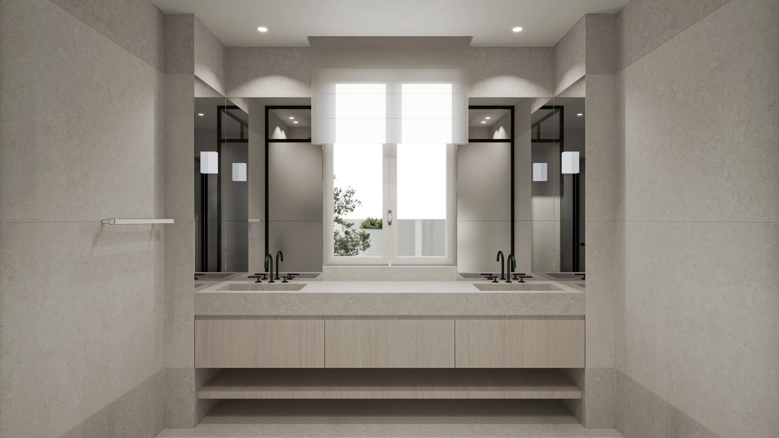 Vue intérieure d'une salle de bain avec deux lavabos et un miroir, vue par une porte ouverte.