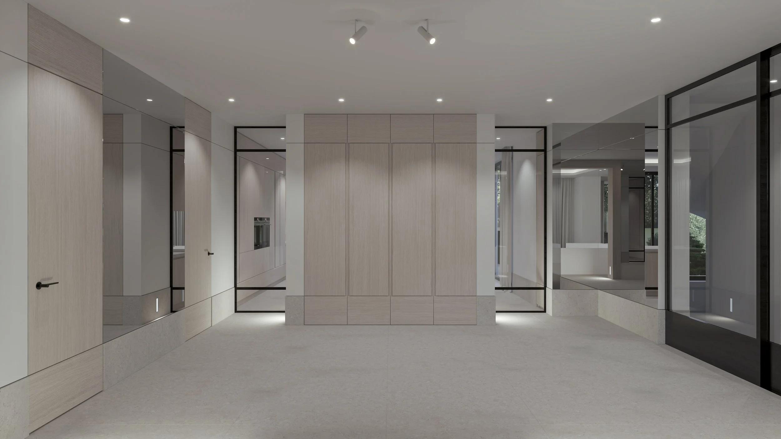 Intérieur moderne avec meubles en bois clair, murs en miroir, murs en verre noir, sol clair et luminaires encastrés au plafond.