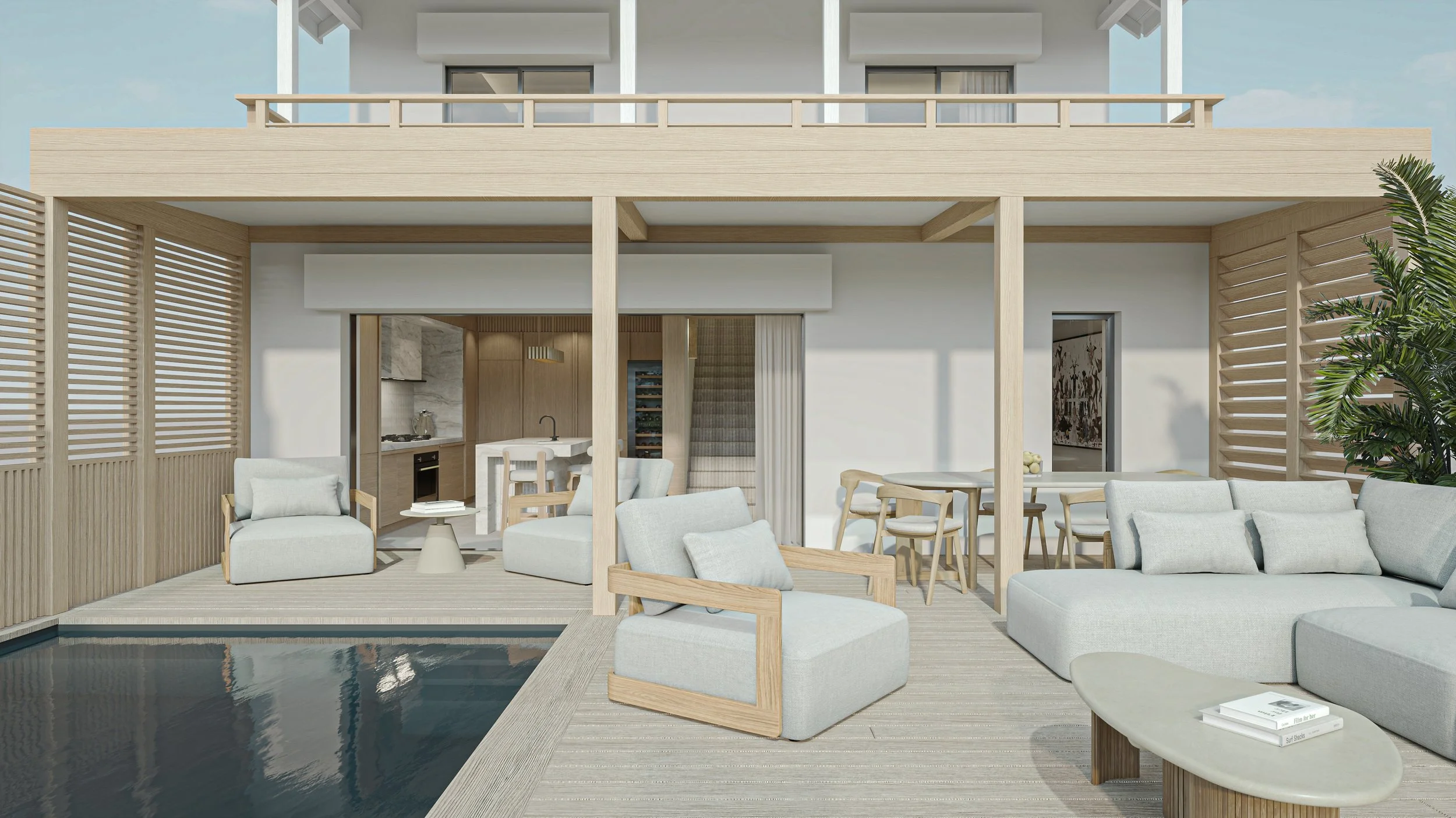 Terrasse extérieure moderne avec mobilier blanc et bois, vue sur une piscine, espace salon et salle à manger, avec plantes d'intérieur et décor minimaliste.