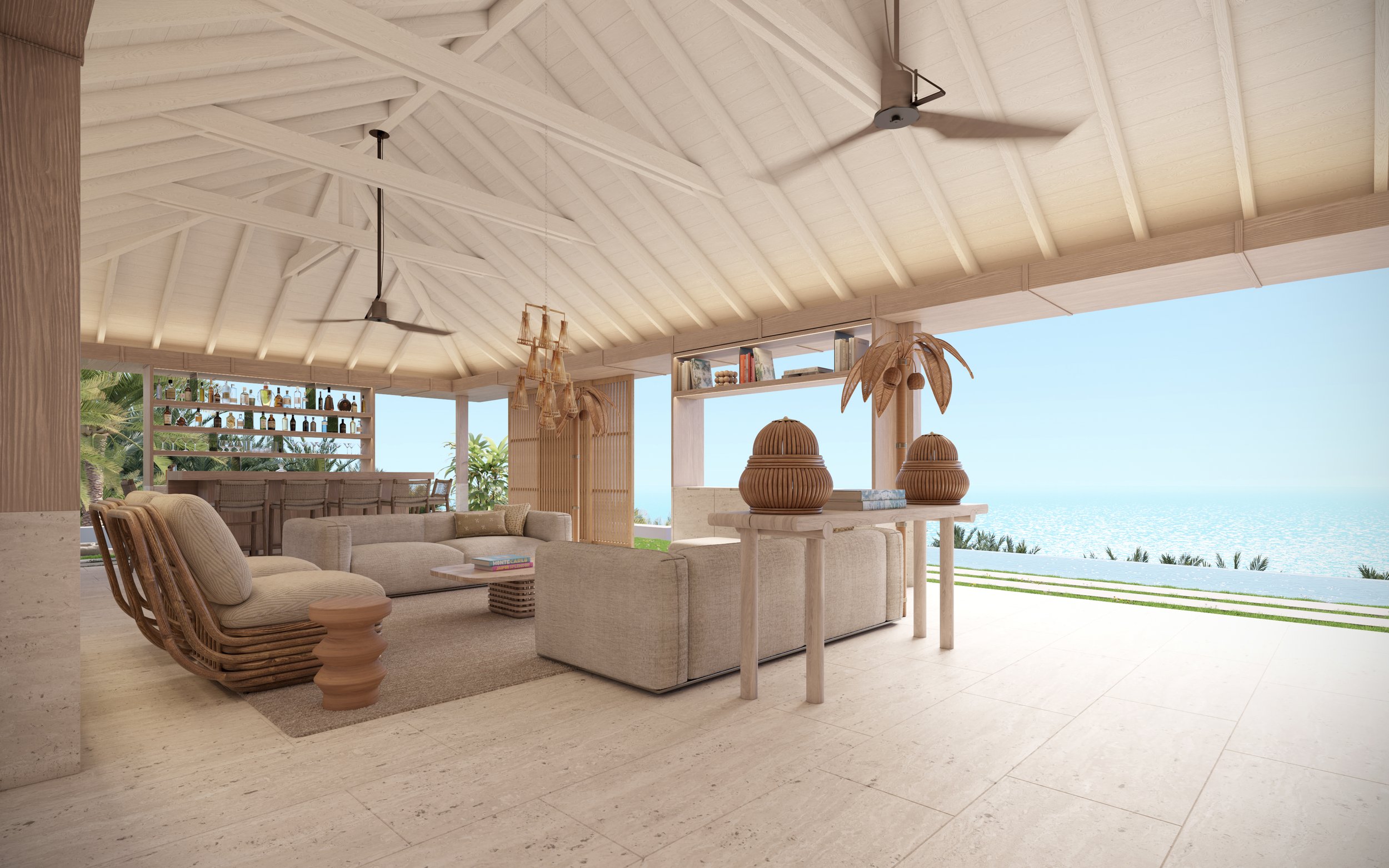 Intérieur d'une villa avec vue sur la mer, canapé beige, tables en bois, décoration en fibres naturelles, bar avec bouteille et verre.