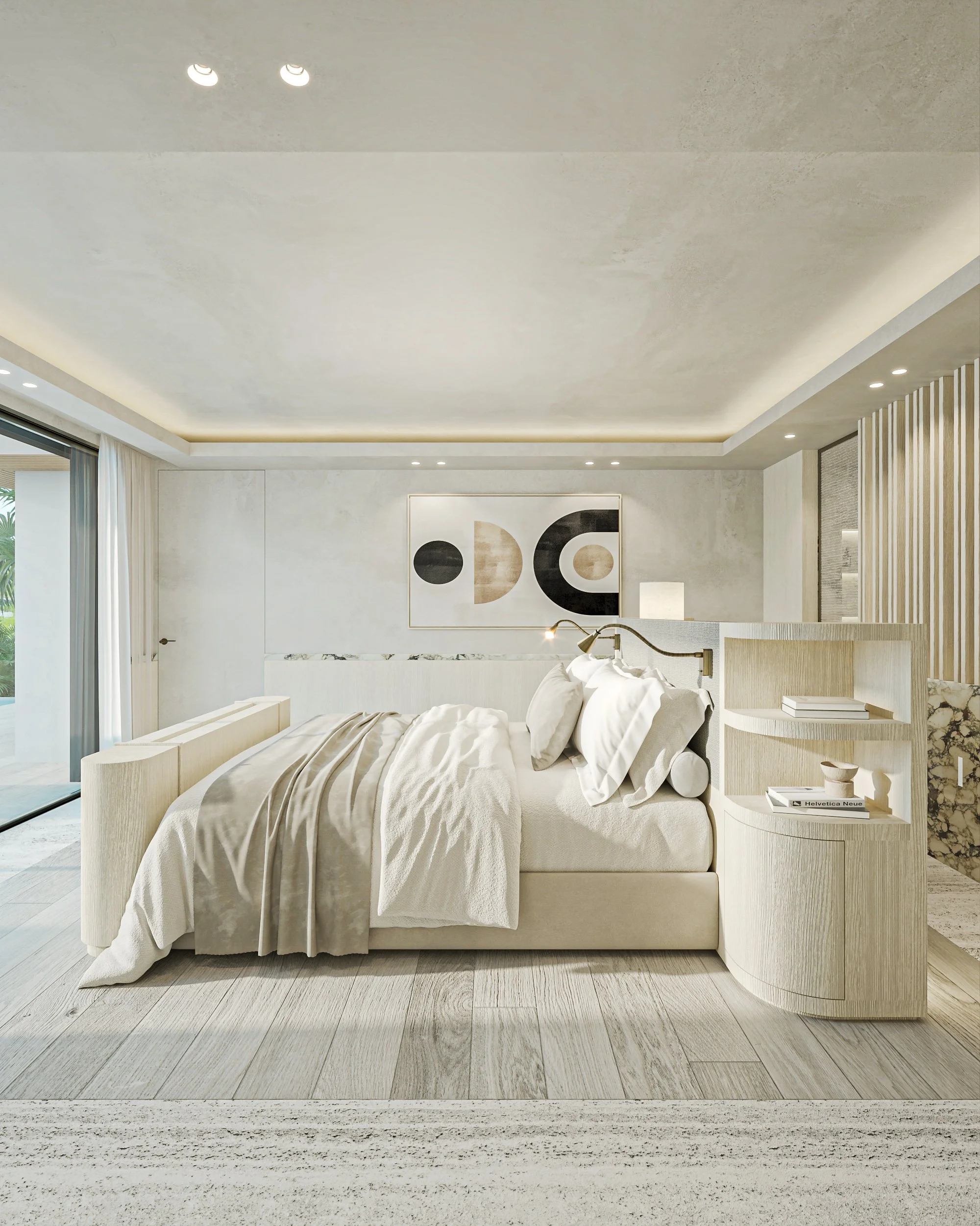 Chambre minimaliste avec lit beige, oreillers blancs, décoration moderne, tableau géométrique au mur, mobilier en bois clair, et grande fenêtre avec rideaux blancs.