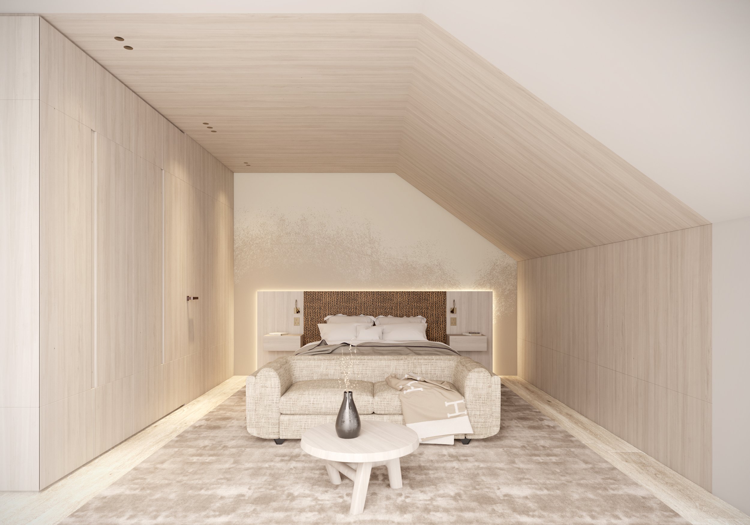 Chambre moderne avec lit double, tête de lit en tissu tressé, murs en bois clair, plafond en bois, tapis beige et canapé en tissu clair avec couvre-lit beige.