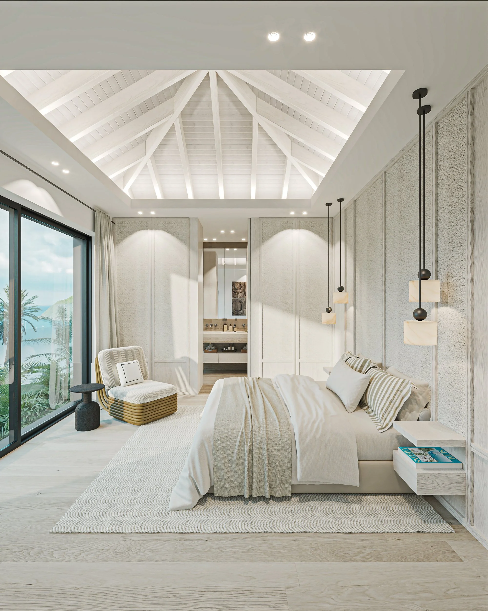 Chambre moderne avec plafond en bois blanc, grande fenêtre donnant sur un paysage maritime, lit avec draps blanc et coussins, meubles en bois clair, suspension artistique, tapis beige, fauteuil beige et table d'appoint