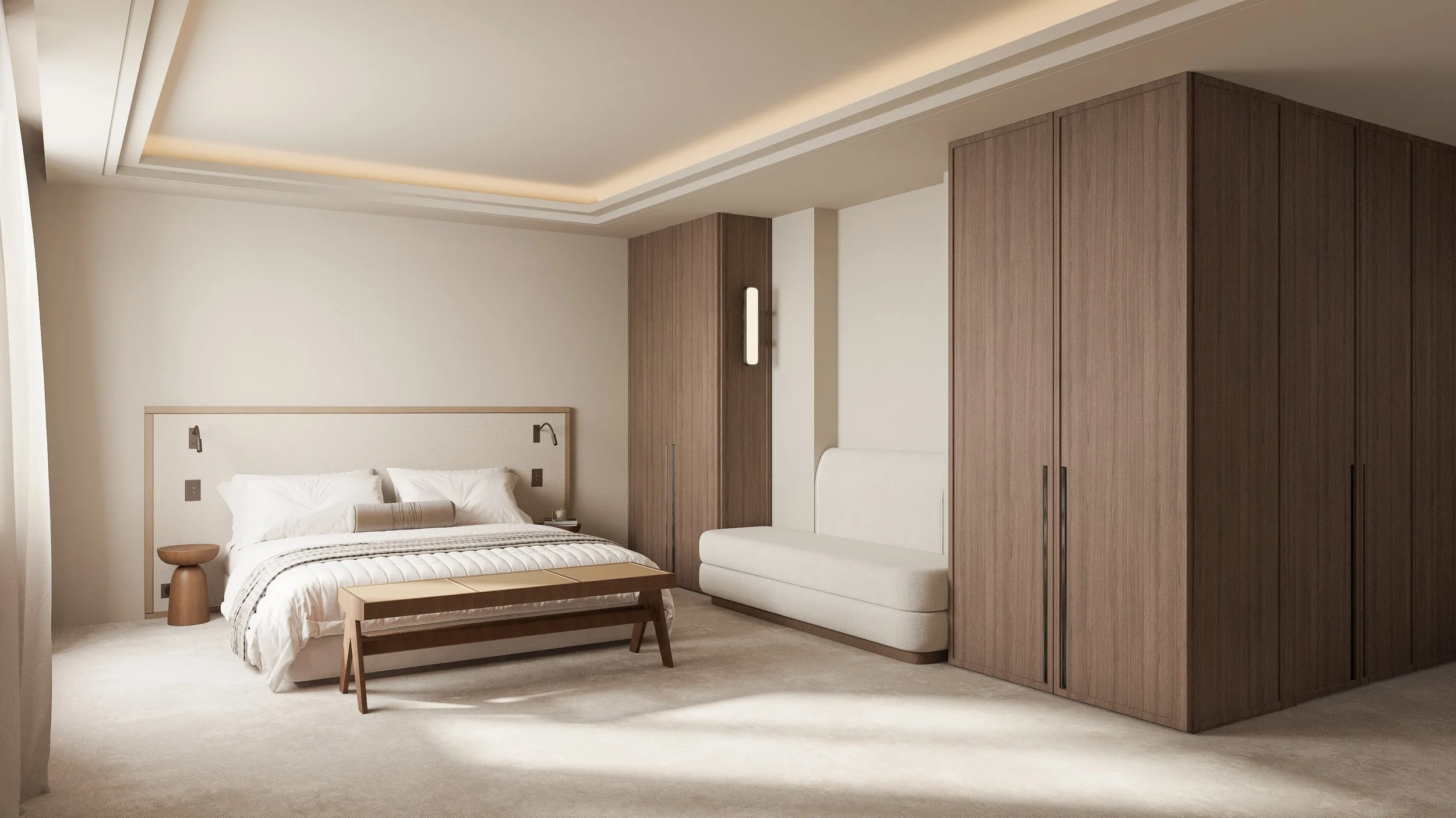 Chambre moderne avec lit, meubles en bois, et mur blanc, ambiance épurée et chaleureuse.