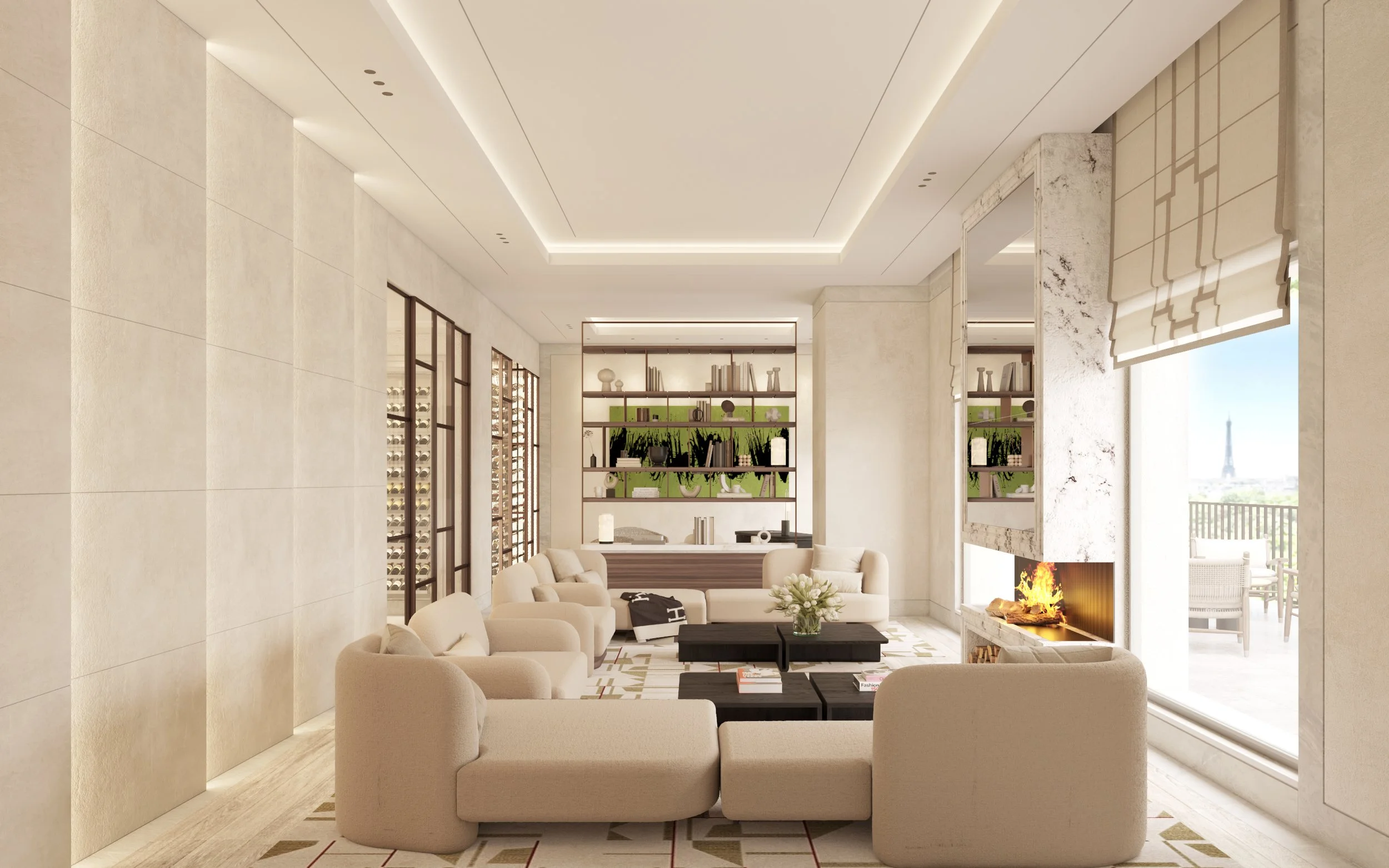 Salon moderne avec canapé beige, cheminée allumée, grandes fenêtres, et étagères avec livres et décoration.