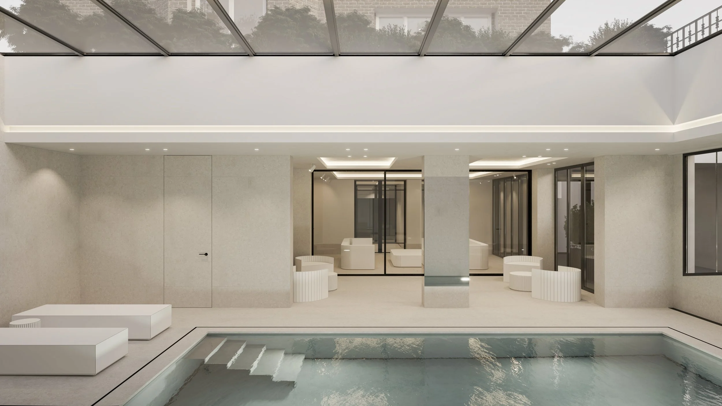 Intérieur moderne d'une maison avec une piscine, grande baie vitrée, mobilier minimaliste blanc et murs en pierre