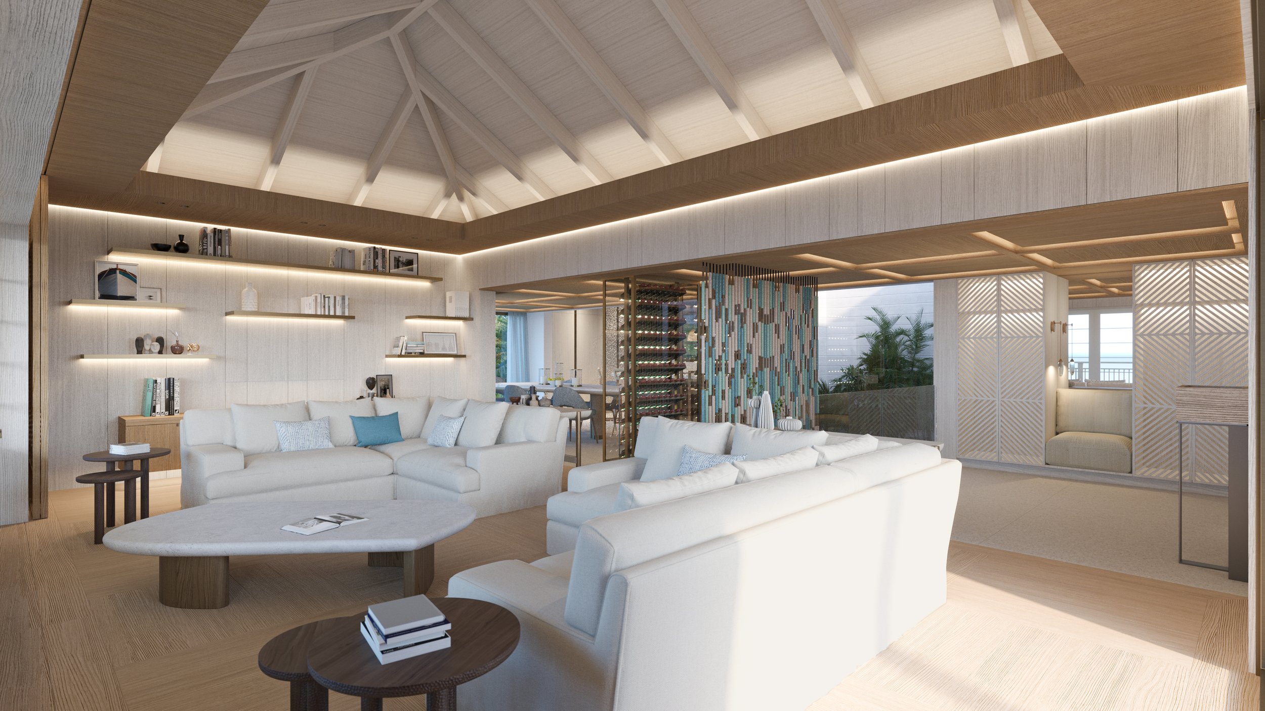 Intérieur de salon avec canapé blanc, étagères éclairées, décor moderne en bois, et vue vers l'extérieur avec baie vitrée.