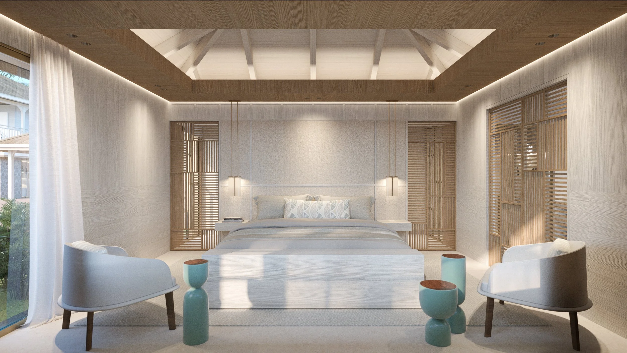  Chambre moderne avec lit king-size, chaises bleues, tables en céramique, murs en bois, grande fenêtre, lumière naturelle.