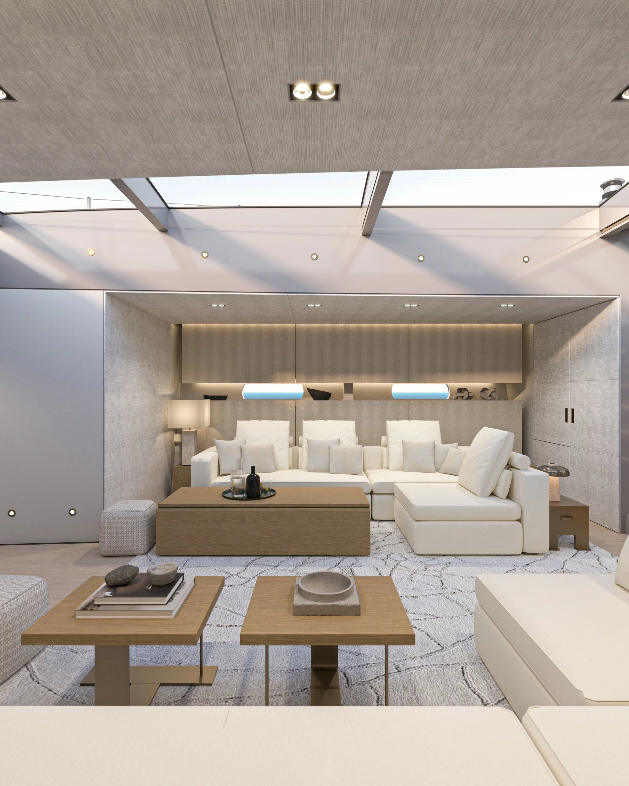 Salon moderne avec canapé blanc, tables basses en bois, tapis beige, lambris au mur, assises design et décoration minimaliste.