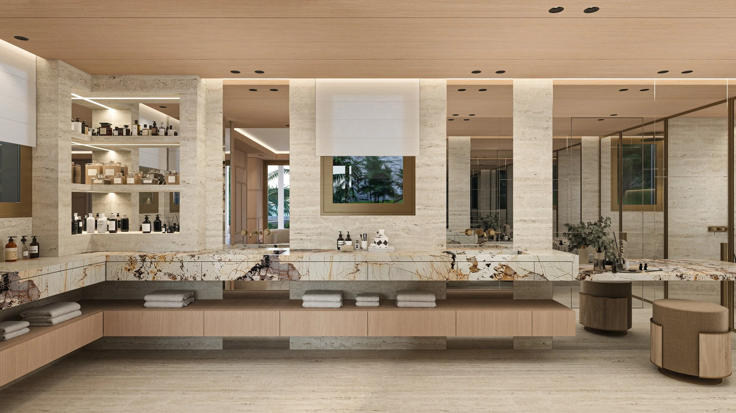 Intérieur d'une salle de bain élégante avec un plan en marbre, étagères avec des produits de beauté, miroir, et mobilier en bois clair.