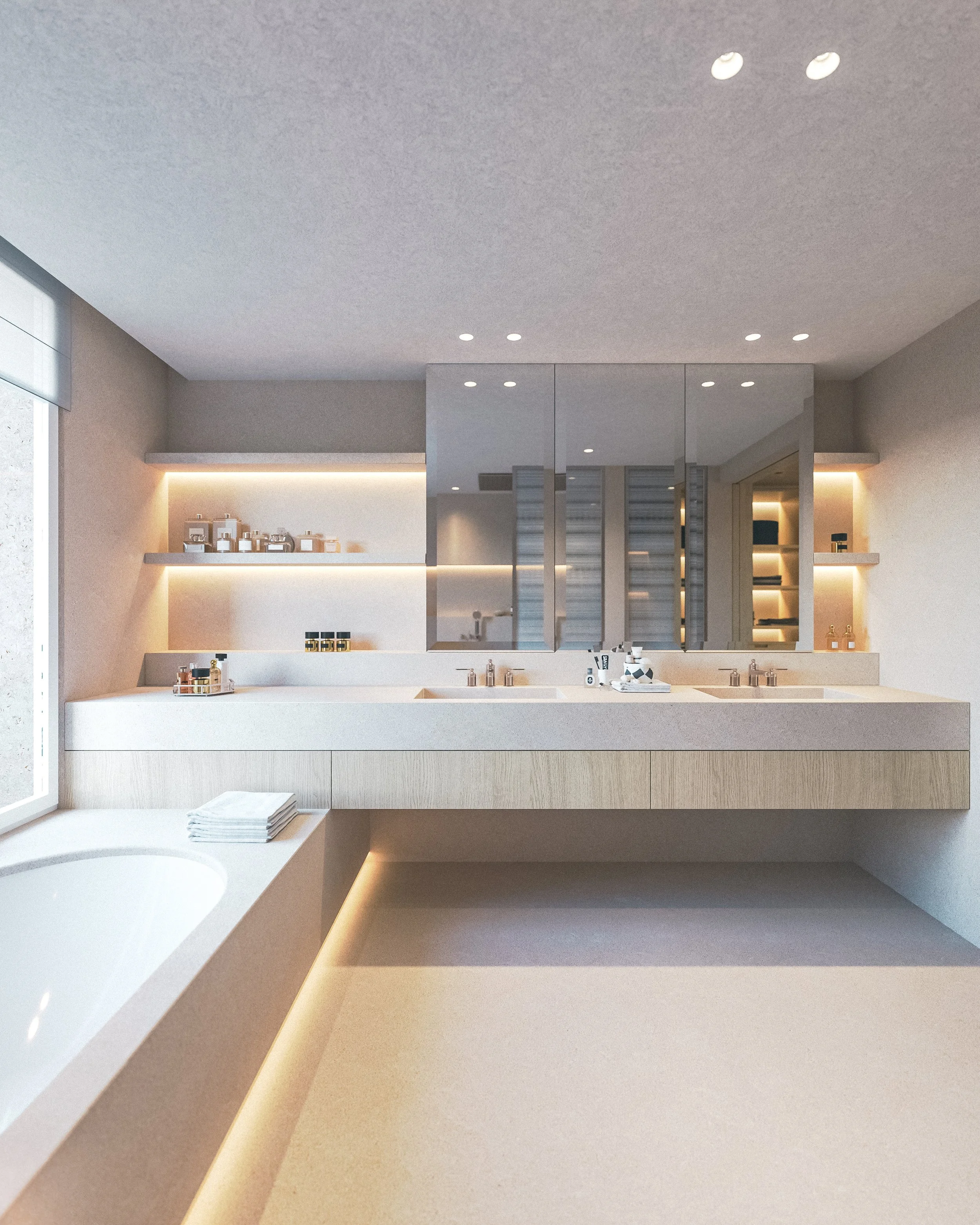 Salle de bains moderne avec double lavabo, miroirs, étagères éclairées, bain dans le coin, et éclairage encastré au plafond.