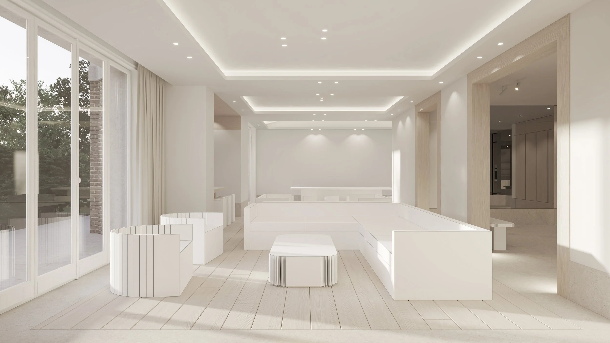 Salon intérieur moderne avec mobilier blanc minimaliste, grandes fenêtres, plafond avec LED intégrés, murs blancs et sol en bois clair.