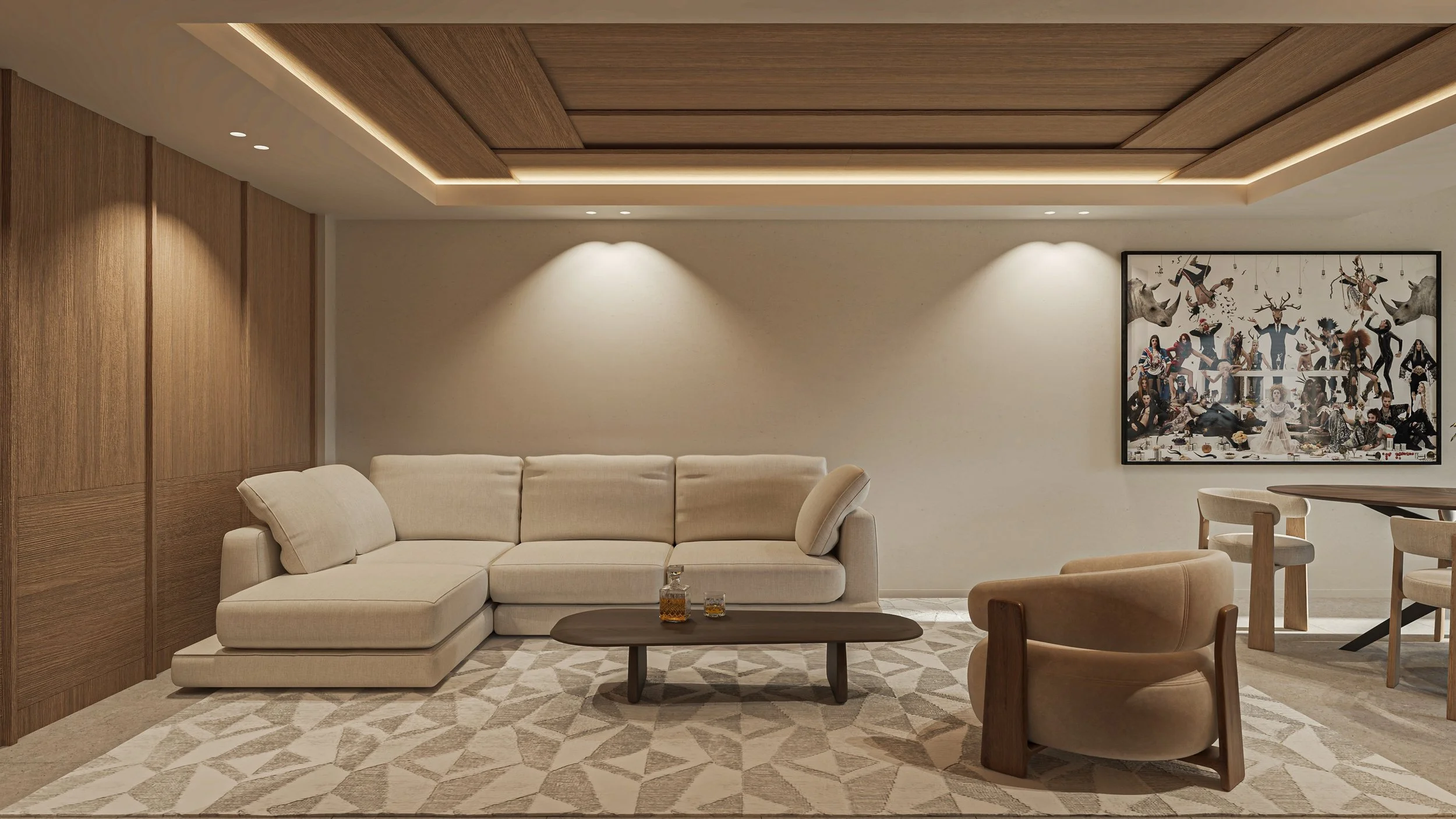 Salon moderne avec canapé beige, fauteuil et tableau décoratif