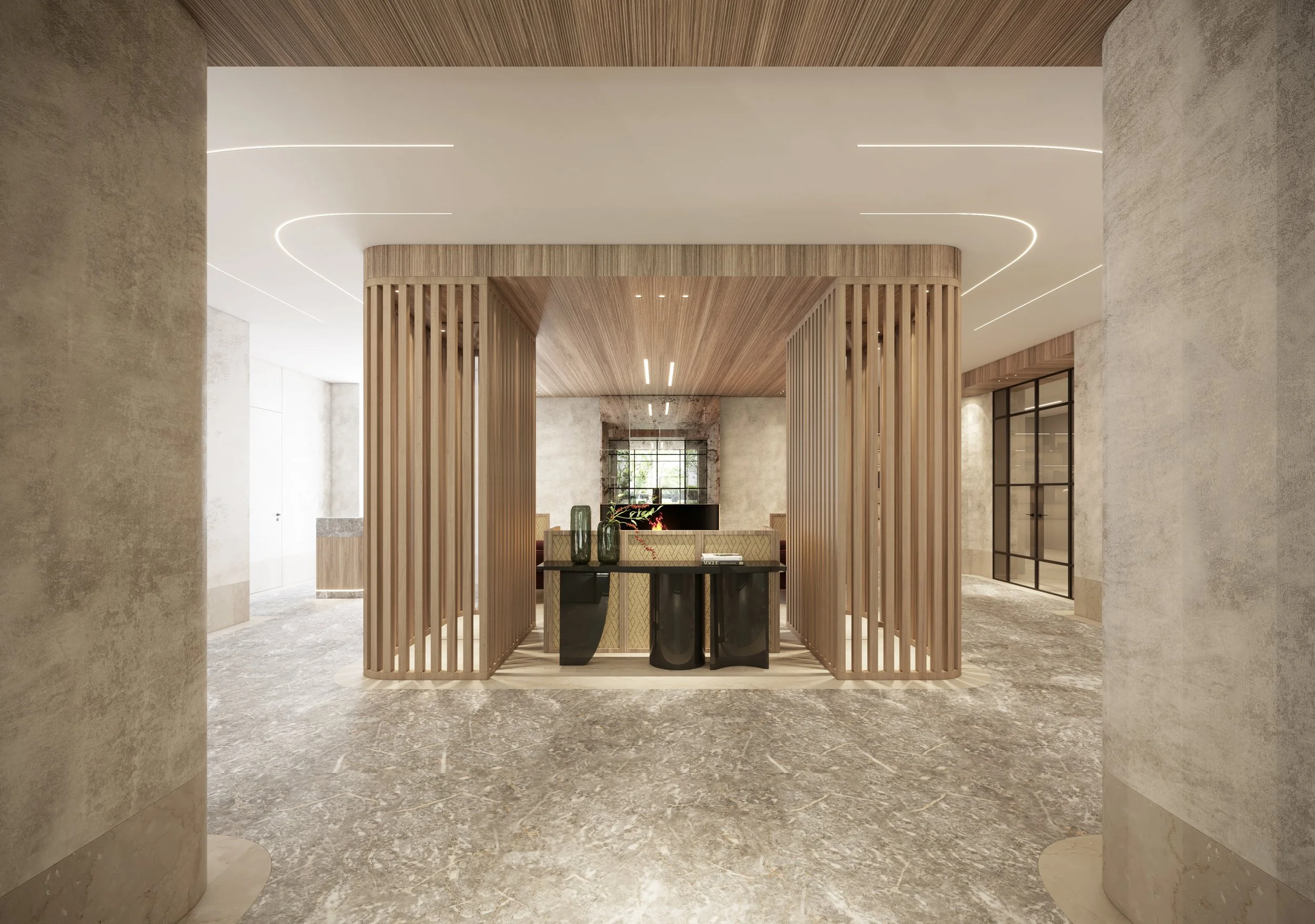 Intérieur moderne avec un mur en bois sculpté, un mobilier minimaliste et un plafond aux lignes de lumière