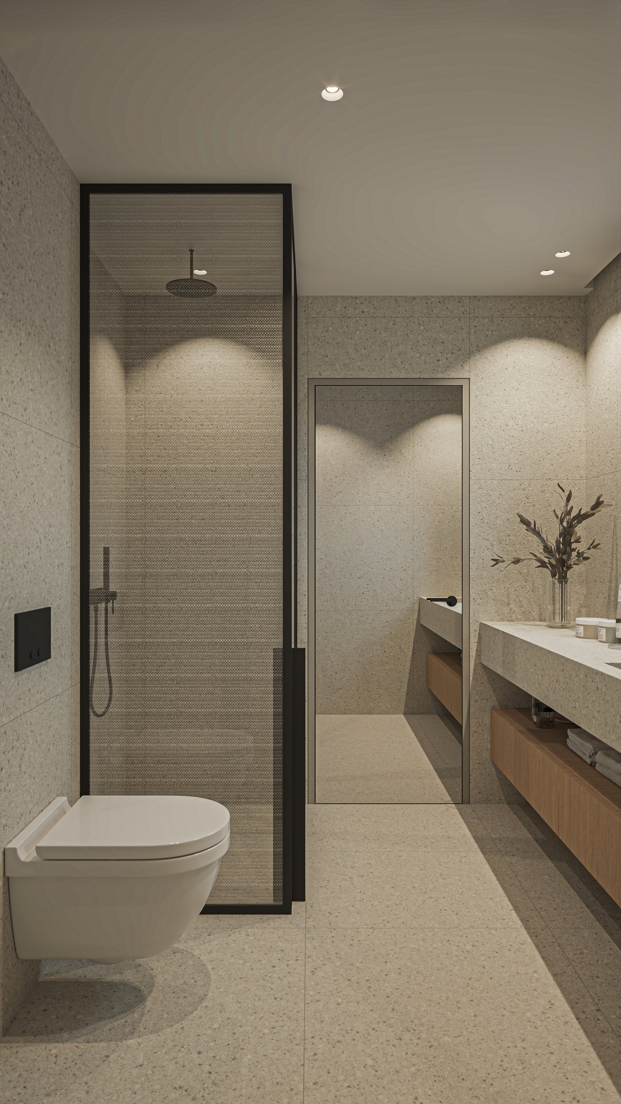 Salle de bain moderne avec WC suspendu, douche à l'italienne avec paroi en verre, lavabo avec grand miroir et éléments en bois, décoration minimaliste avec vase de fleurs