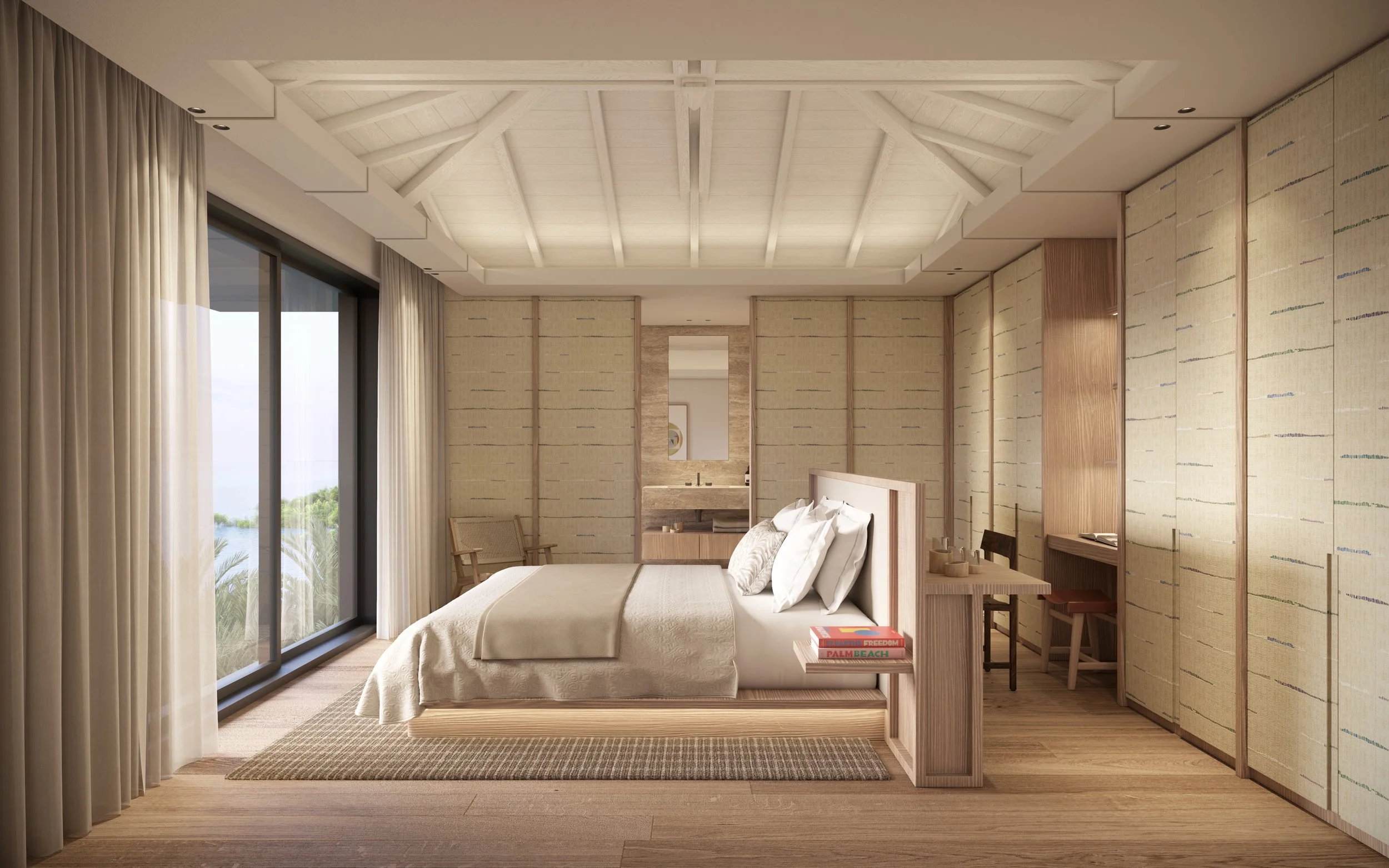 Chambre d'hôtel lumineuse avec lit blanc, grande fenêtre avec vue sur la nature, murs en bois clair, décor minimaliste.