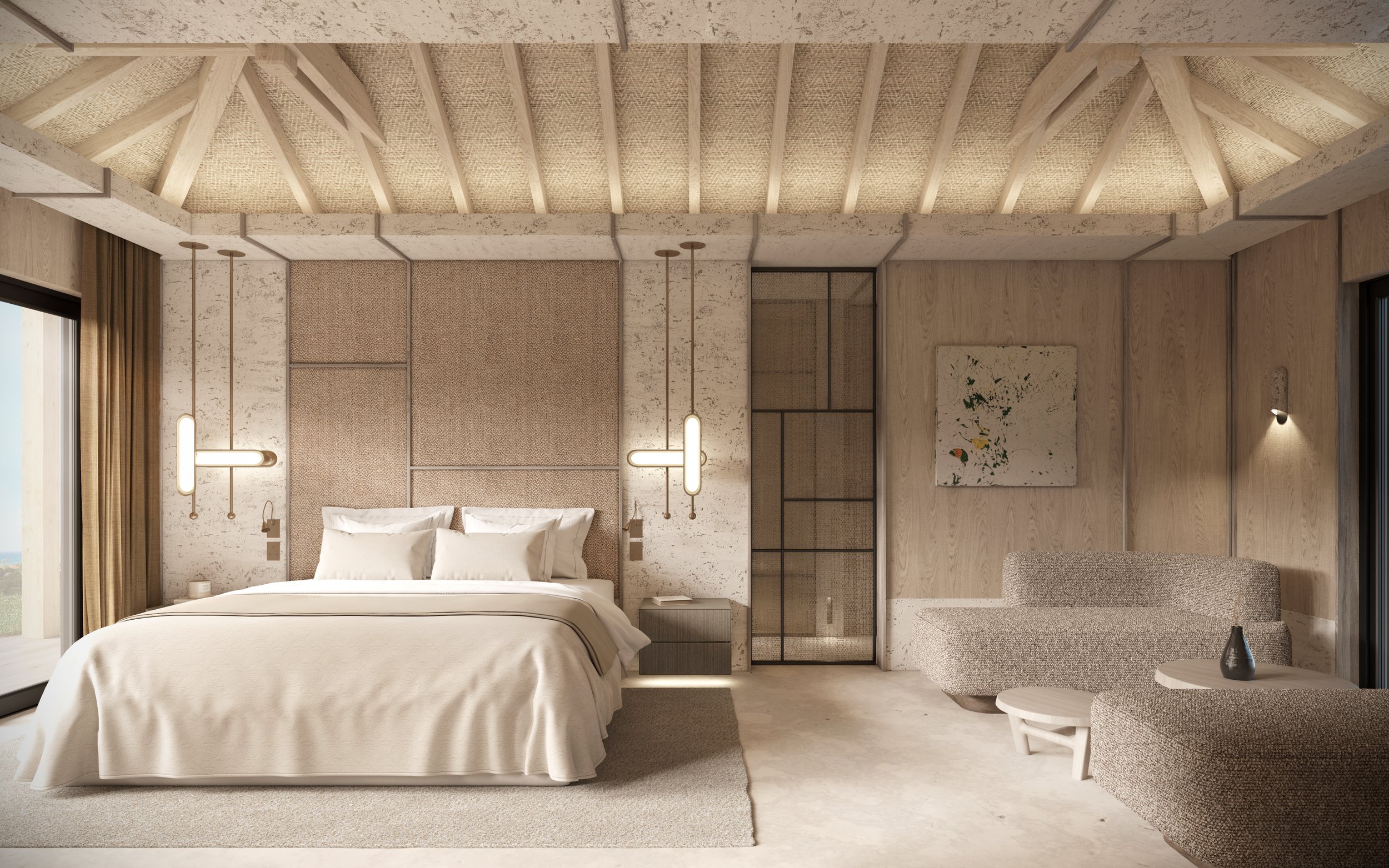 Chambre d'hôtel moderne avec lit king-size, lampes murales, fauteuils, et décoration en tons neutres.