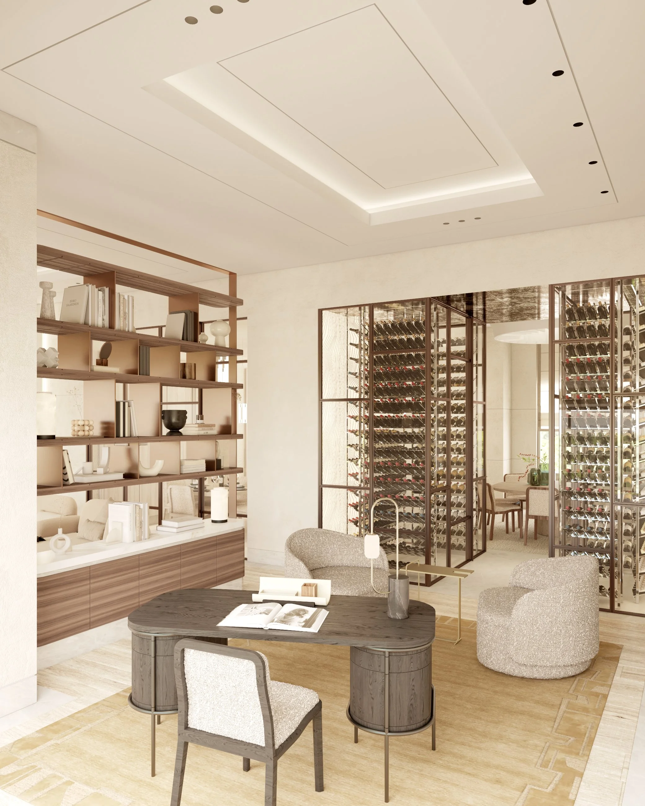 Salon avec étagères en bois, murs clairs, une table en bois foncé, fauteuils et une cave à vin dans une pièce lumineuse et élégante.