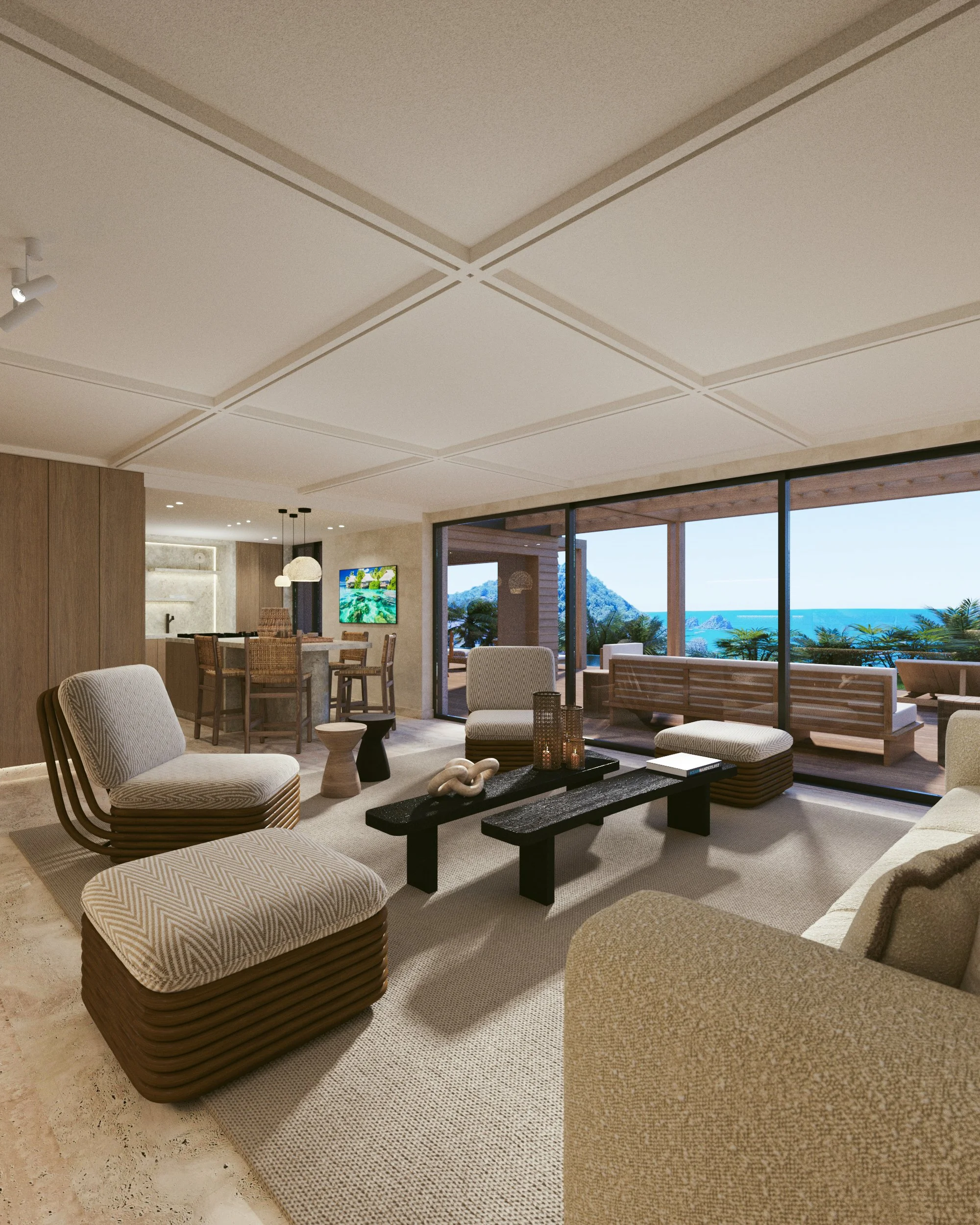 Salon avec vue sur la mer, mobilier moderne, grand canapé beige, fauteuils et ottomans, table noire, décorations en vases et livres, espace lumineux avec vue sur l'extérieur en terrasse avec vue panoramique sur la côte.