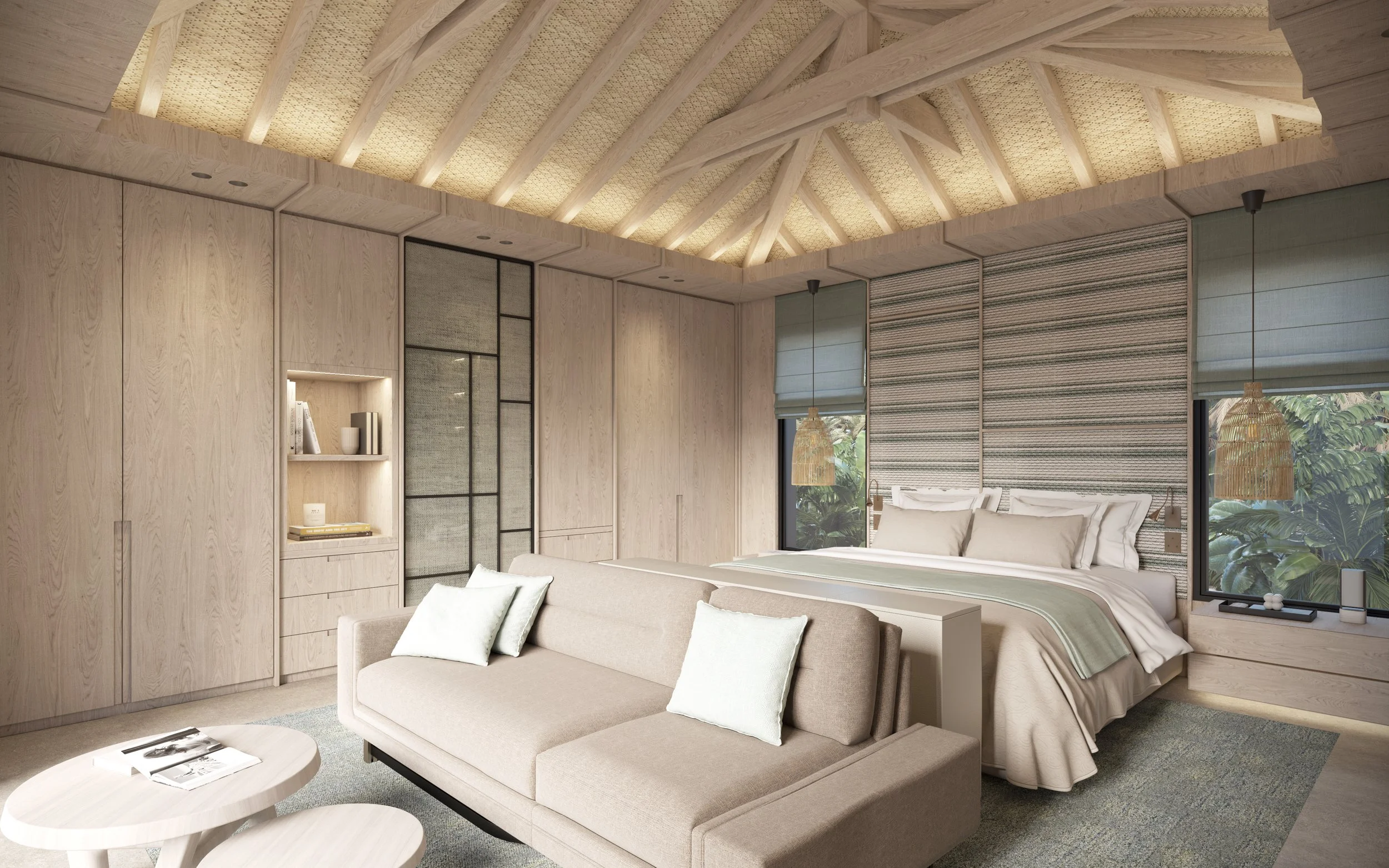 Chambre moderne avec lit double, canapé beige, murs en bois clair, fenêtres avec stores romains et plantes visibles à l'extérieur.