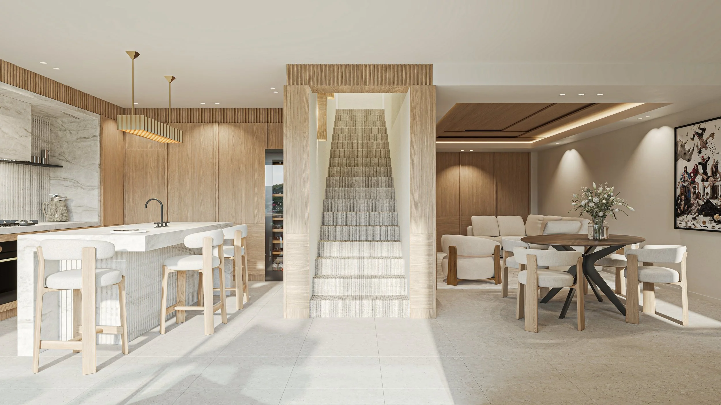 Intérieur moderne d'une maison avec cuisine et salle à manger, escalier central, meubles en bois clair, décoration épurée et lumineuse.