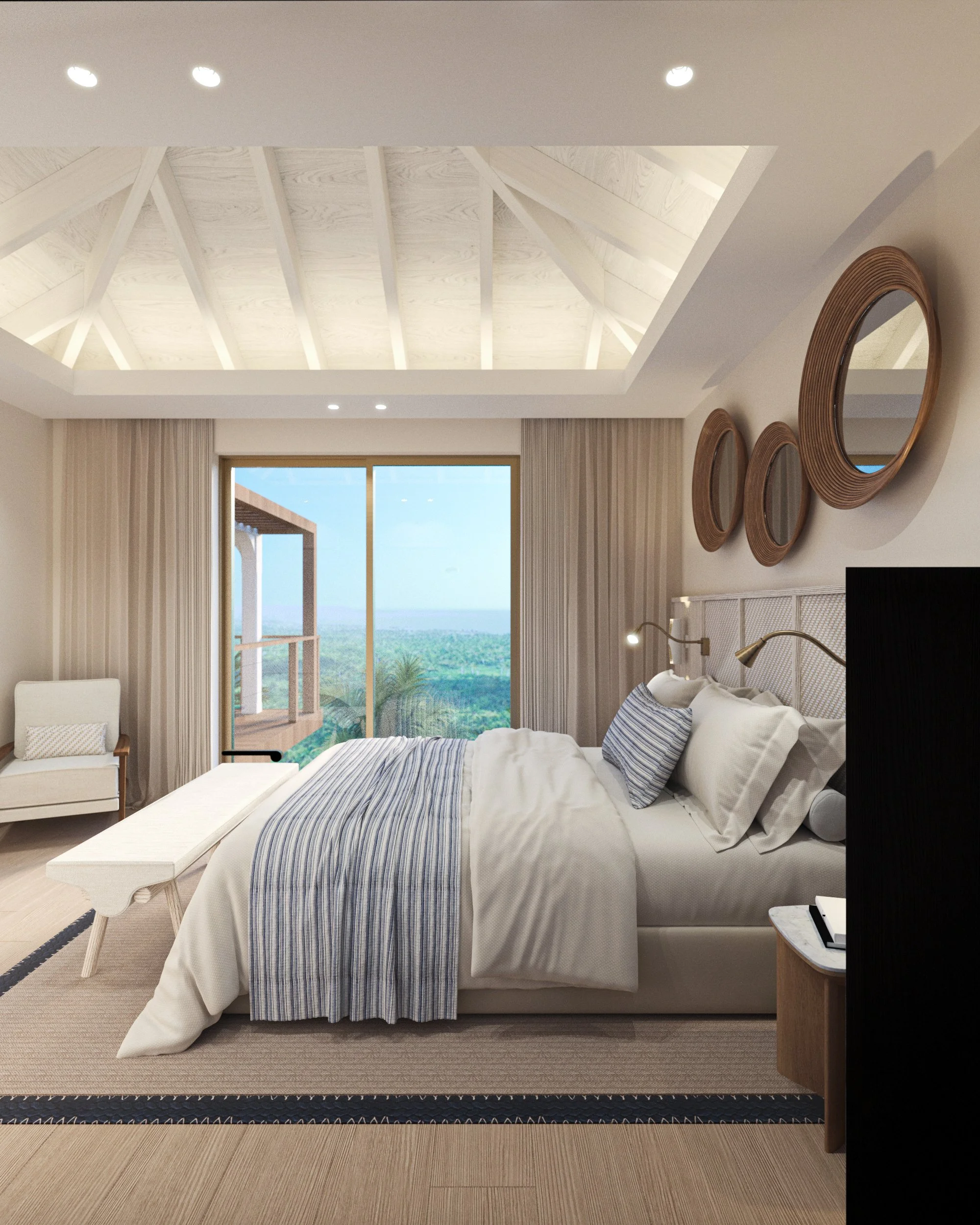 Chambre d'hôtel moderne avec lit, vue sur la nature, décor épuré, miroirs ronds en bois, plafond en bois avec éclairage intégré, grande fenêtre avec rideaux.