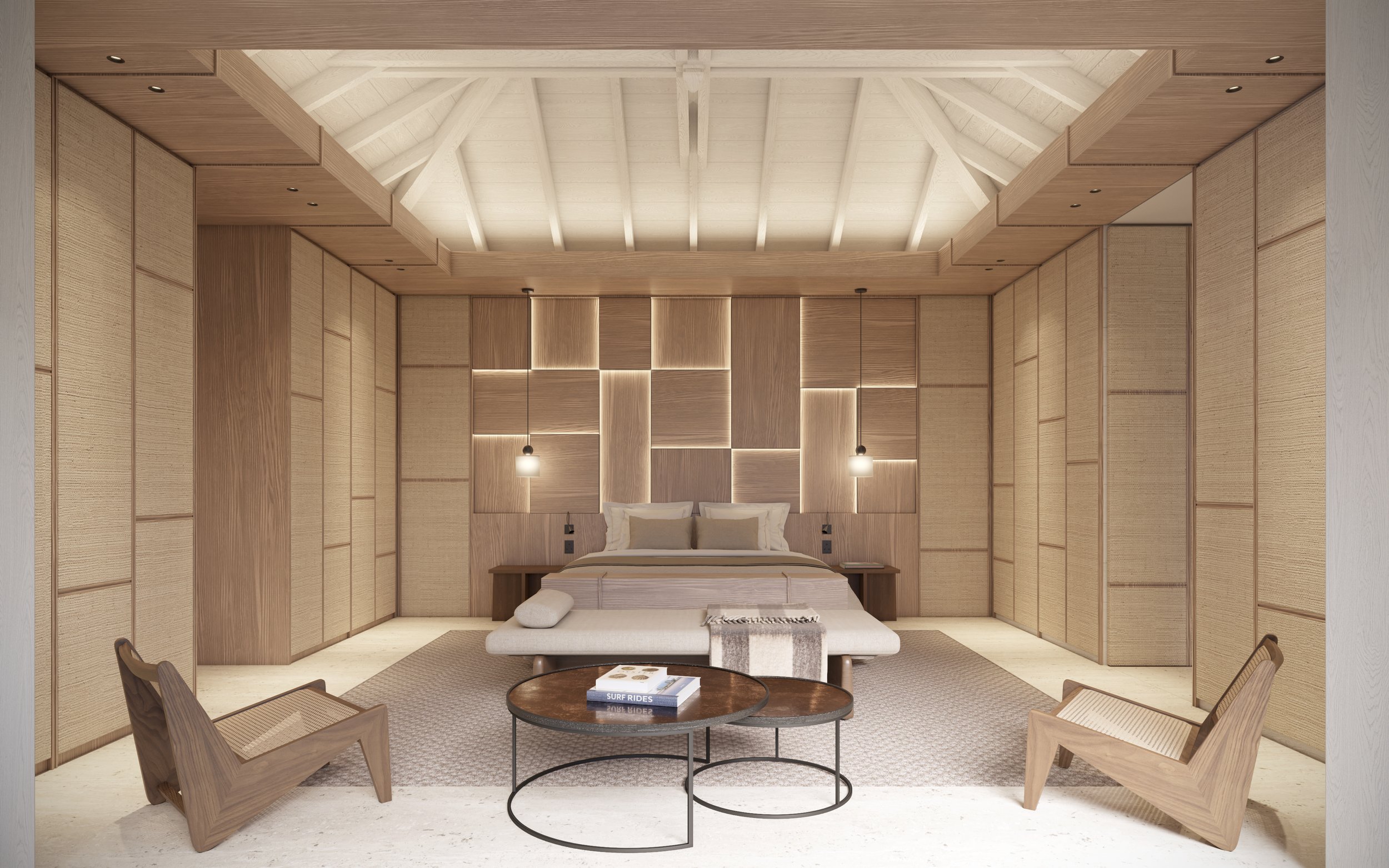 Chambre à coucher minimaliste avec murs en bois clair, lit central avec tête de lit en bois, deux tables de nuit, deux lampes suspendues, fauteuils en bois, table ronde avec livres, tapis beige, plafond en bois avec poutres apparentes.