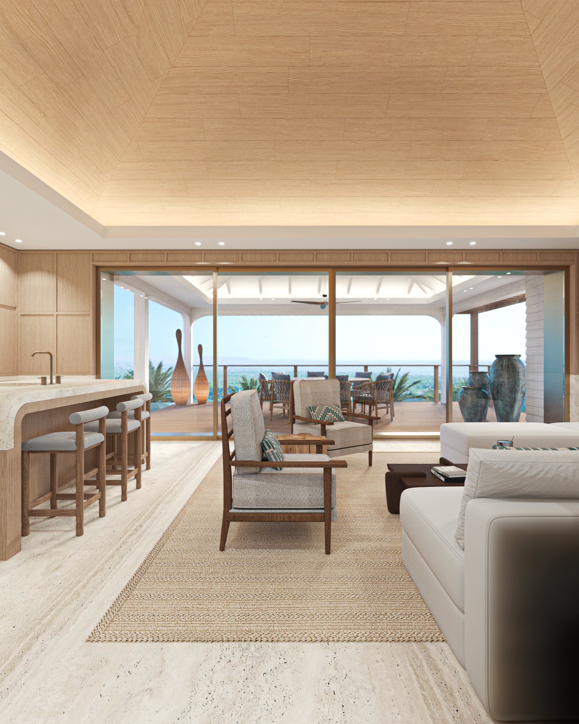 Salon spacieux avec mobilier en bois clair, vue sur une terrasse avec des vases, coussins et porte-fenêtre donnant sur l'extérieur