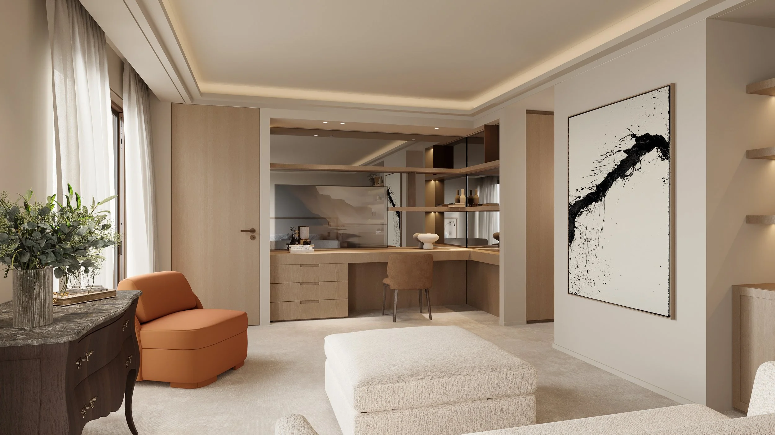 Salon moderne avec canapé beige, chaise orange, tableau noir et blanc abstrait, étagères avec objets décoratifs, grand fenêtre avec rideaux blancs, et décoration élégante.