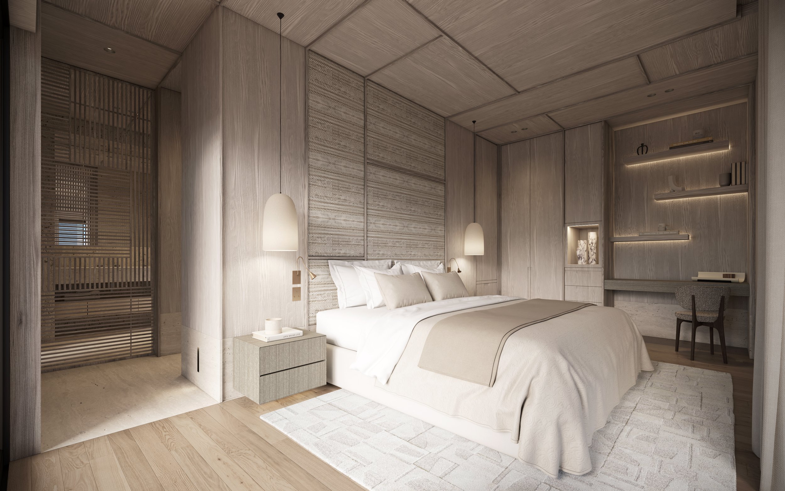 Chambre moderne aux tons neutres, lit kingsize, lampes suspendues, étagères éclairées, bureau avec chaise.