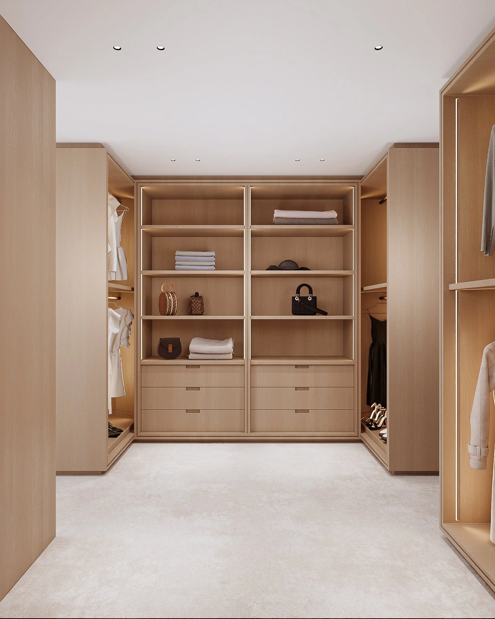 Une garde-robe moderne en bois clair avec des étagères et des tiroirs, contenant des vêtements pliés et quelques sacs à main.