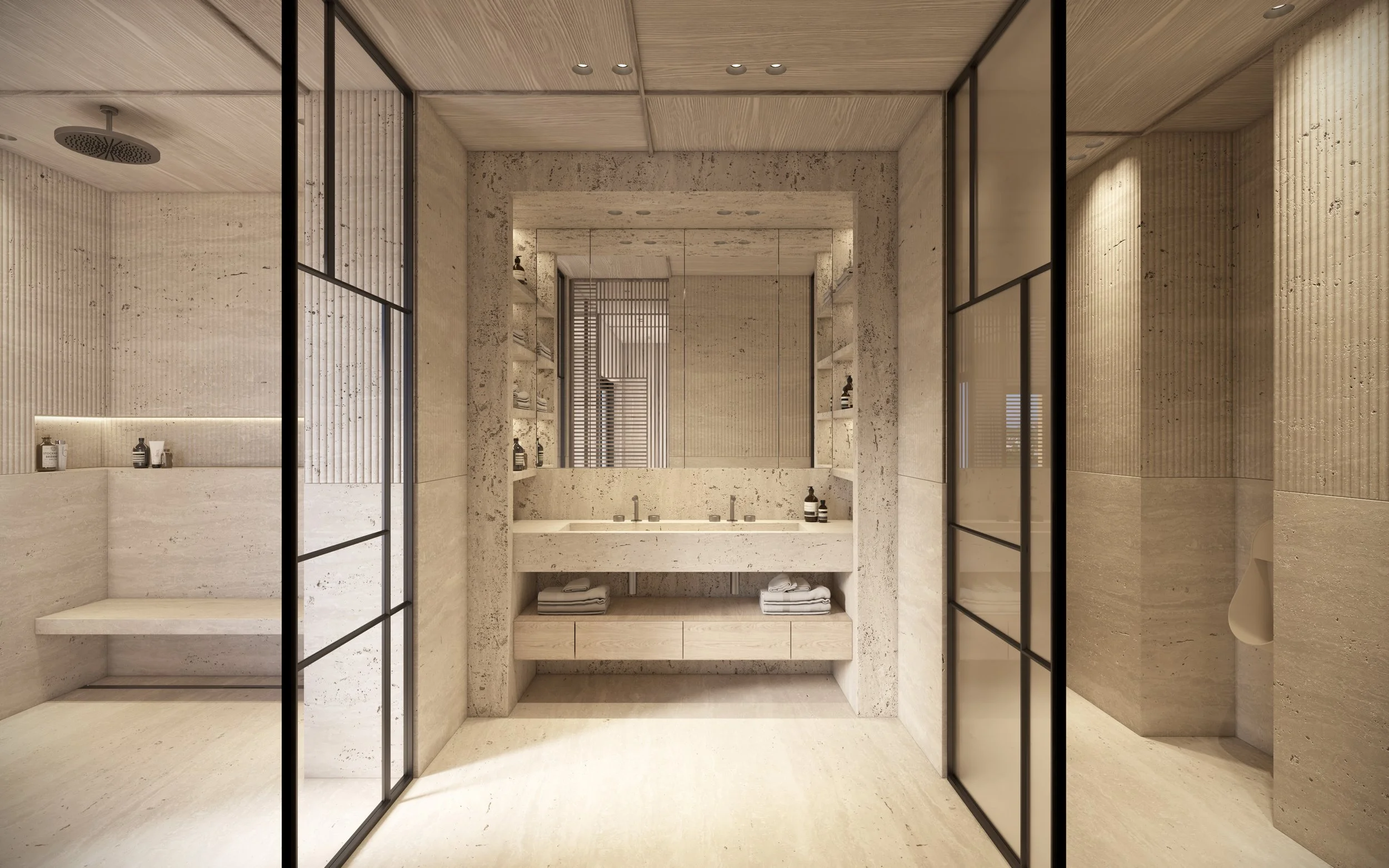 Vue d'une salle de bains moderne avec murs en pierre beige, grande glace au-dessus du lavabo en pierre, étagères avec produits de bain, cabines de douche en verre noir.