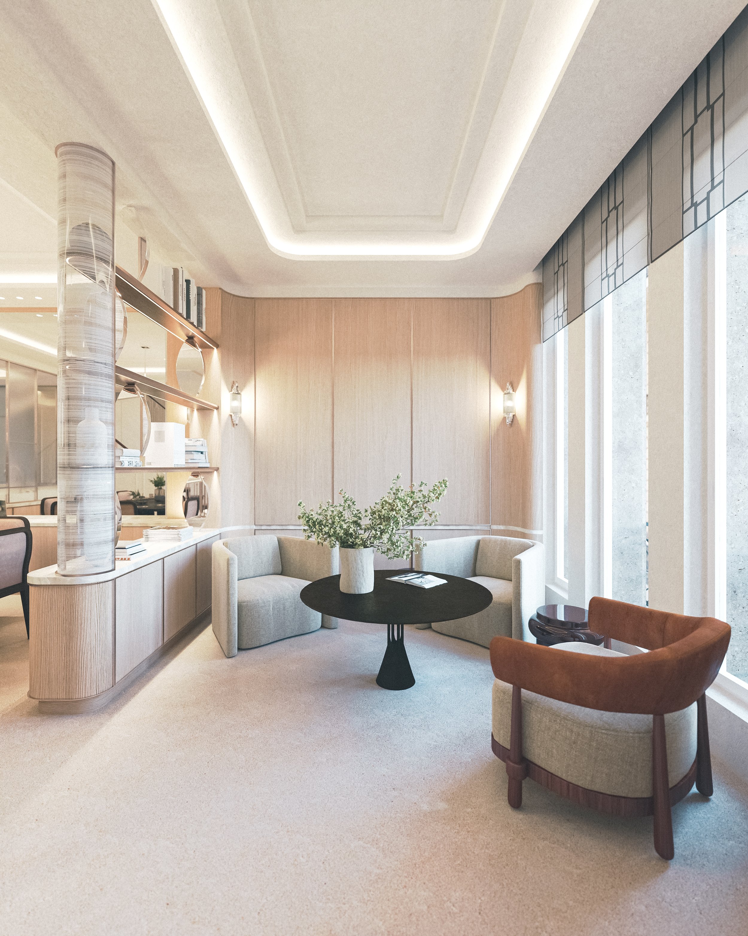 Coin salon avec canapé en forme de U, table ronde noire avec vase de fleurs, fauteuil en cuir marron, grande fenêtre avec rideaux, murs en bois clair et éclairage doux.