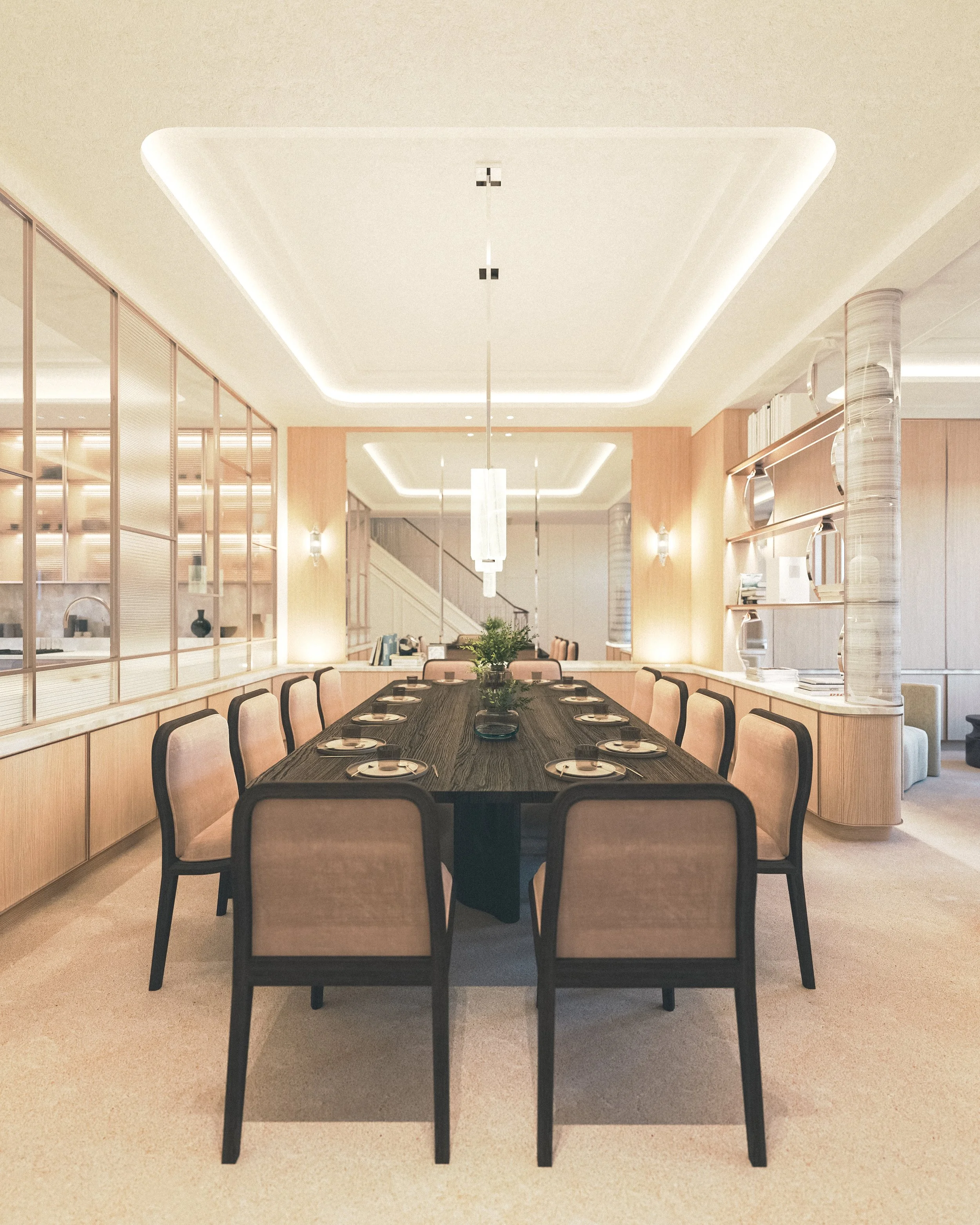 Salle à manger élégante avec table en bois, chaises en tissu beige, ambiance chaleureuse et lumineuse.