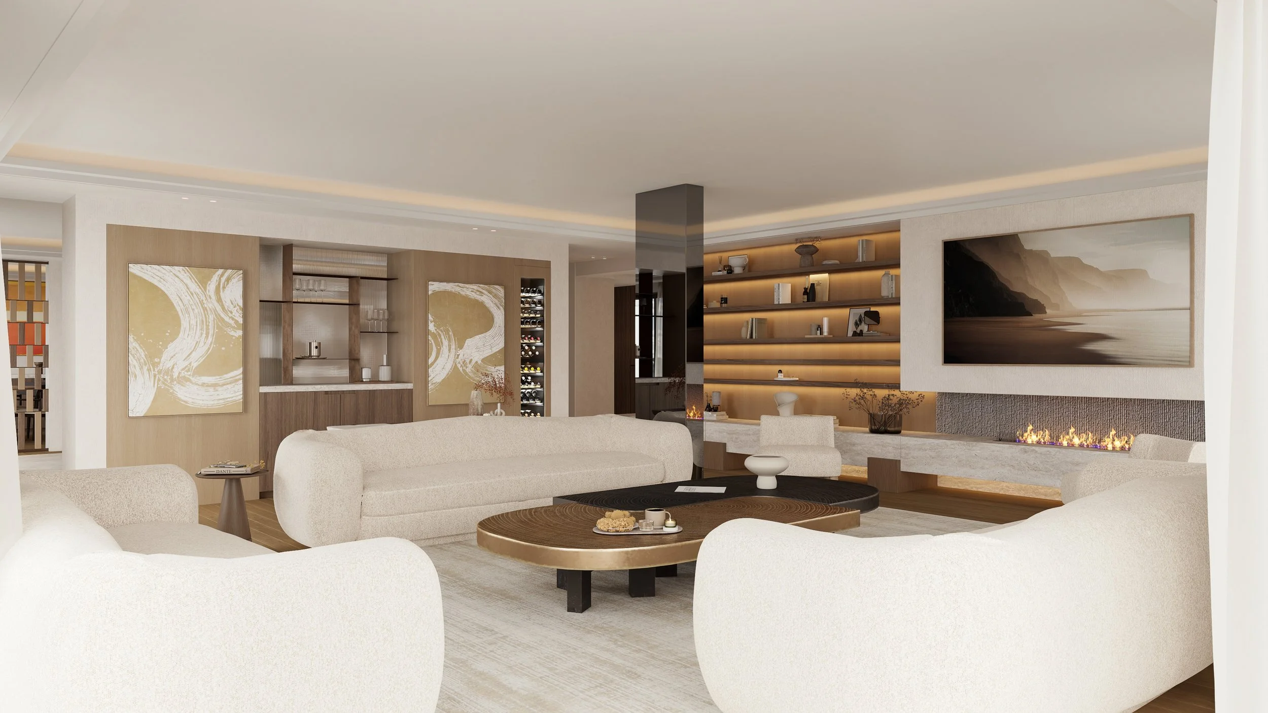 Salon moderne avec canapés blancs, table basse en bois, cheminée à gaz, étagères en bois avec livres, décoration élégante, peinture abstraite, téléviseur, éclairage chaleureux.