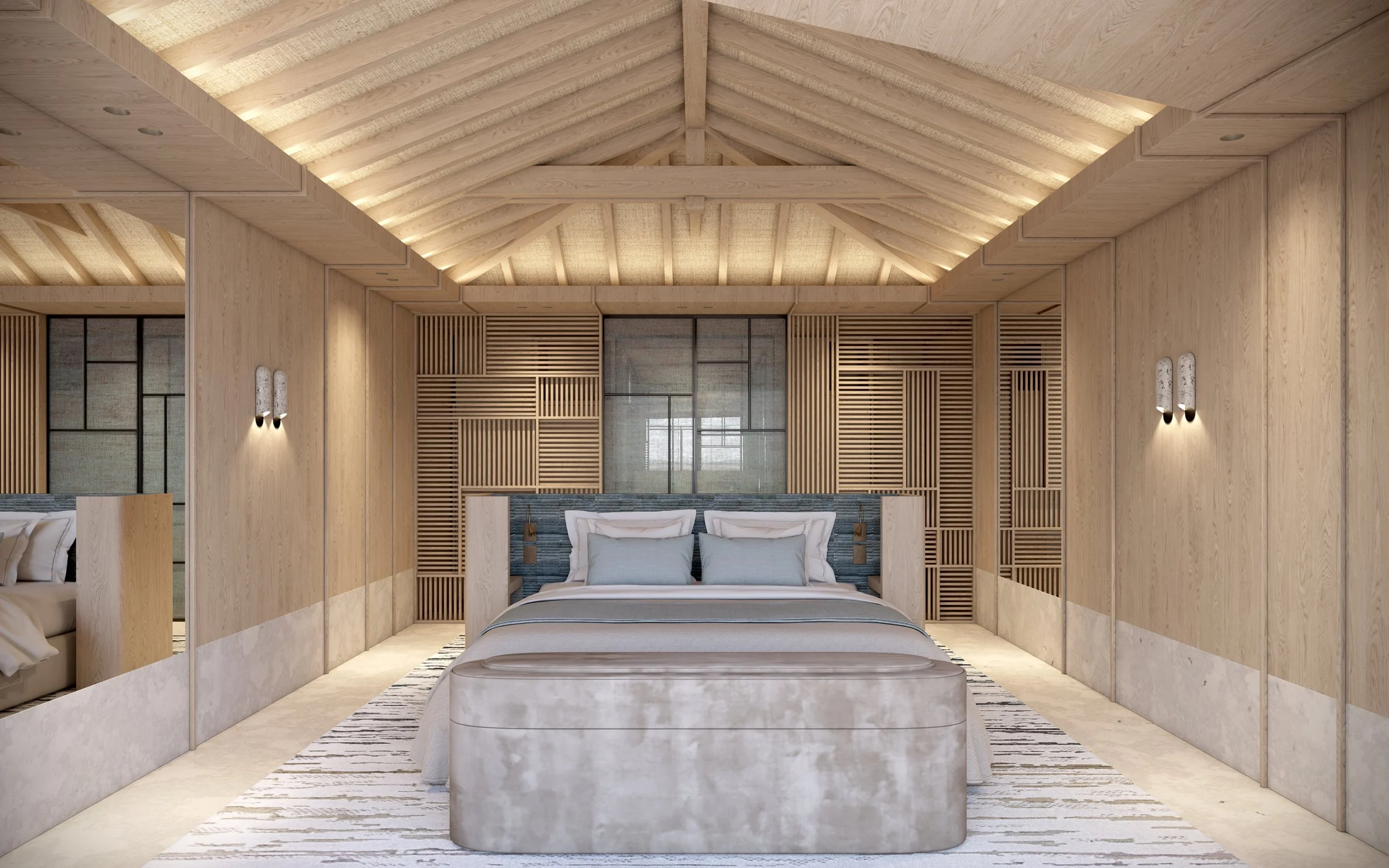 Chambre moderne en bois clair avec lit king-size, tête de lit bleue, murs en bois avec motifs en bois, plafond en bois avec éclairage intégré.