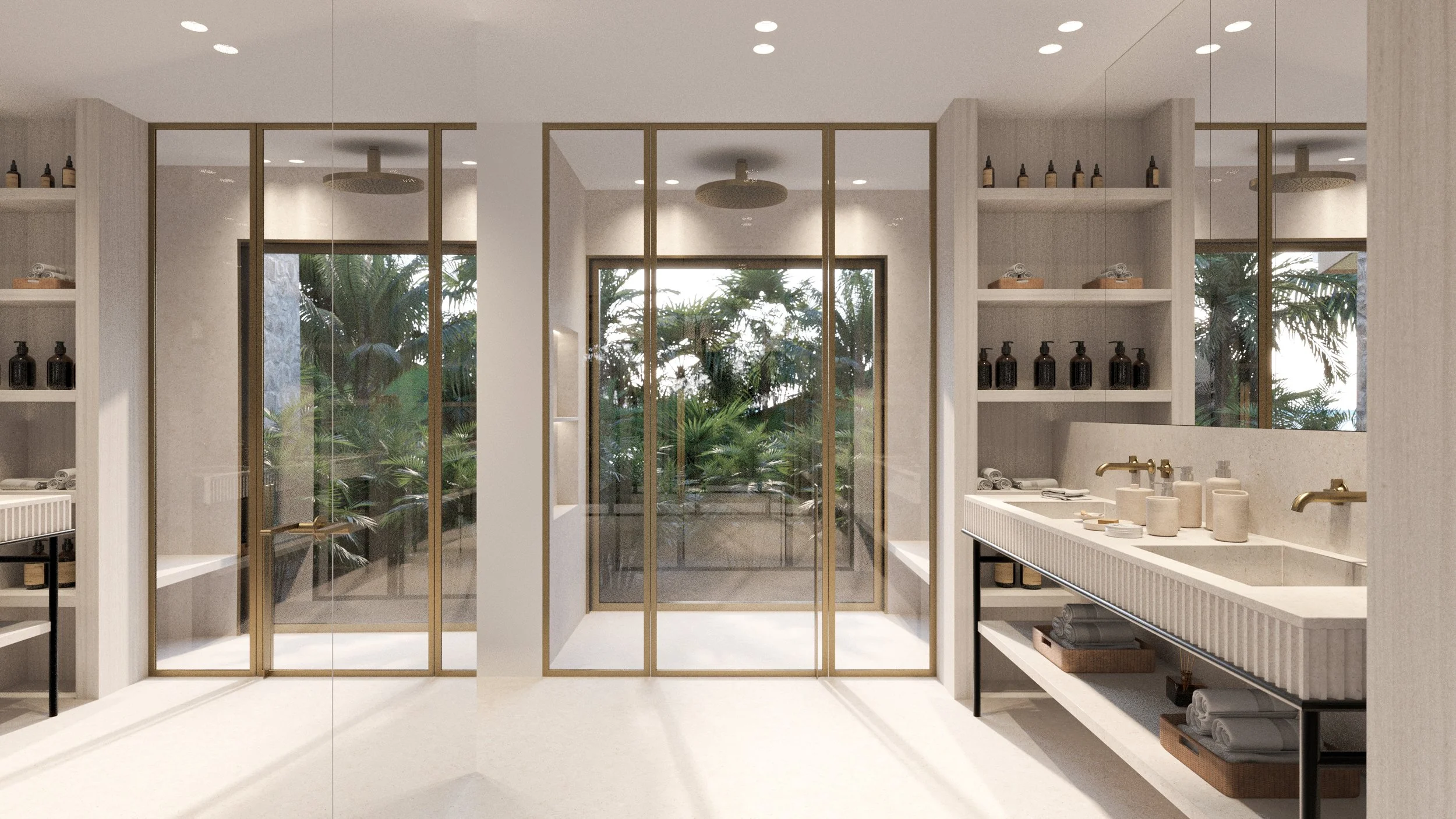 Une salle de bain moderne avec double lavabo, étagères avec des bouteilles en noir et des serviettes, grandes fenêtres avec vue sur un jardin tropical, et un miroir. Design épuré et lumineux.