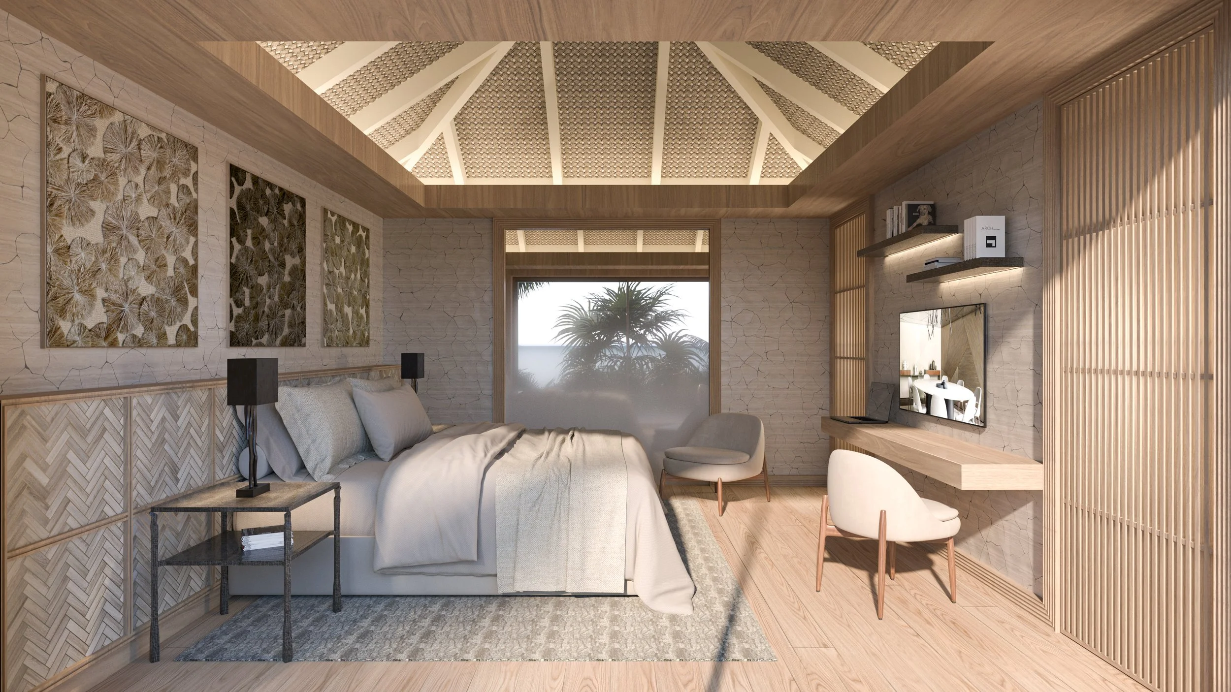 Chambre moderne avec lit king-size, mur en pierre, décoration naturelle, bureau avec miroir, fauteuil, fenêtre avec vue sur un palmier.