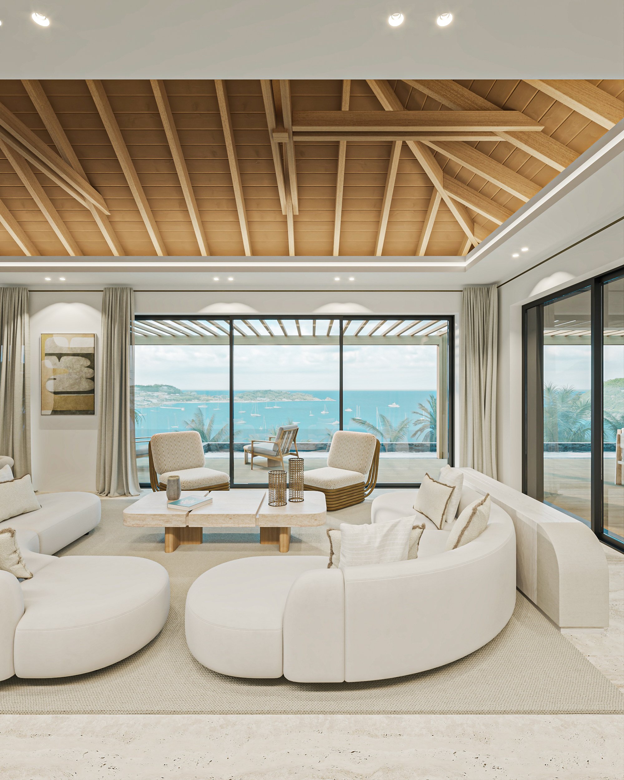 Salon moderne avec vue sur la mer, canapés blancs, table basse en bois, et grandes fenêtres avec vue sur la plage et les bateaux.