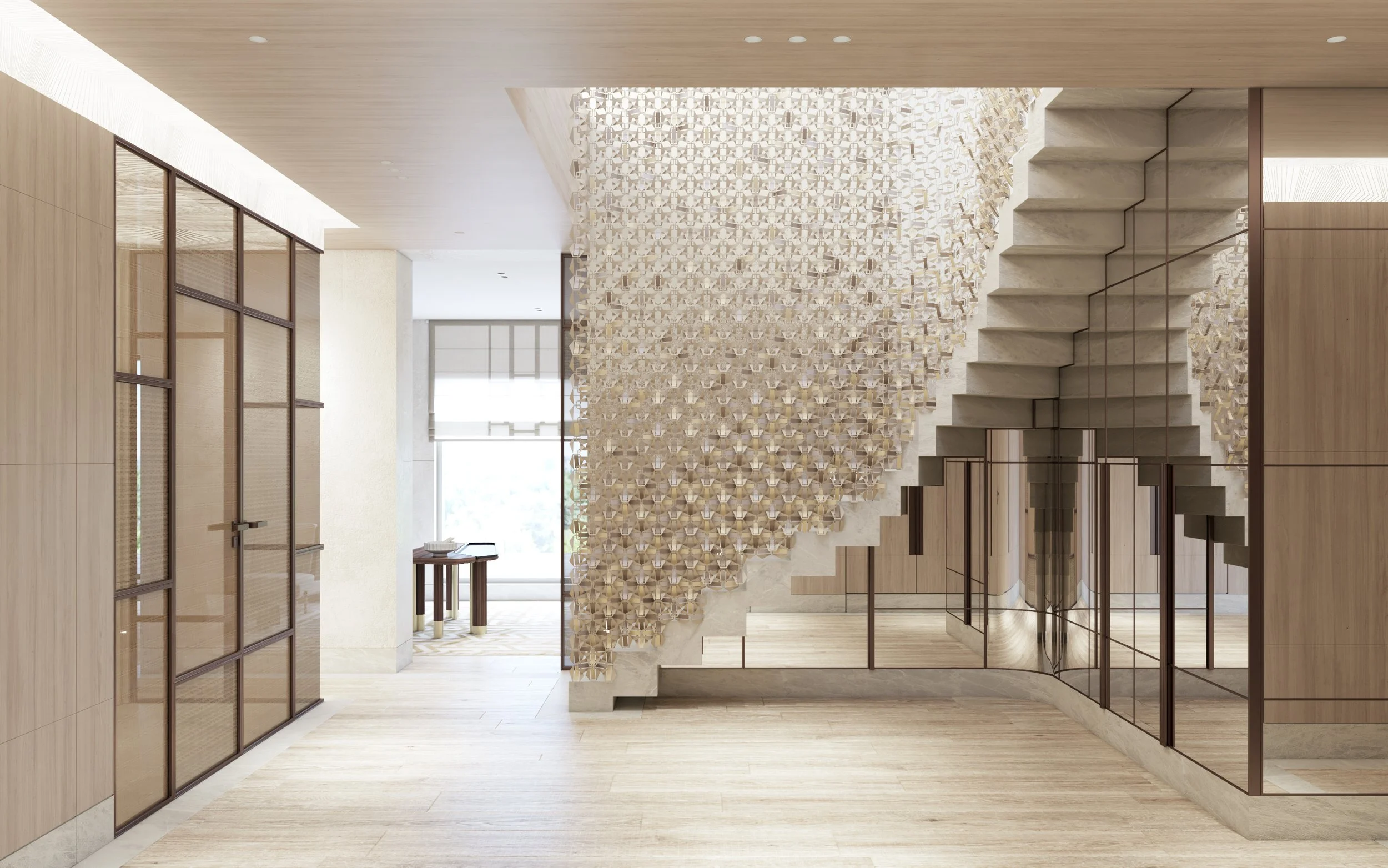 Intérieur moderne avec escalier en béton et bois, mur décoratif en treillis de bois, murs en bois clair, sol en bois clair, grandes fenêtres lumineuses, espace ouvert et minimaliste.